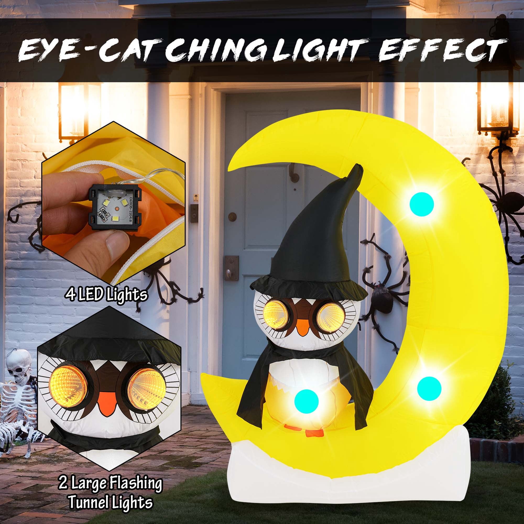 Costway 4.3 x 5.1 ft Inflatable Owl on Moon LED Lighted Halloween Decoration w/ Large Moon & Wizard Owl w/ Stakes & Sandbags