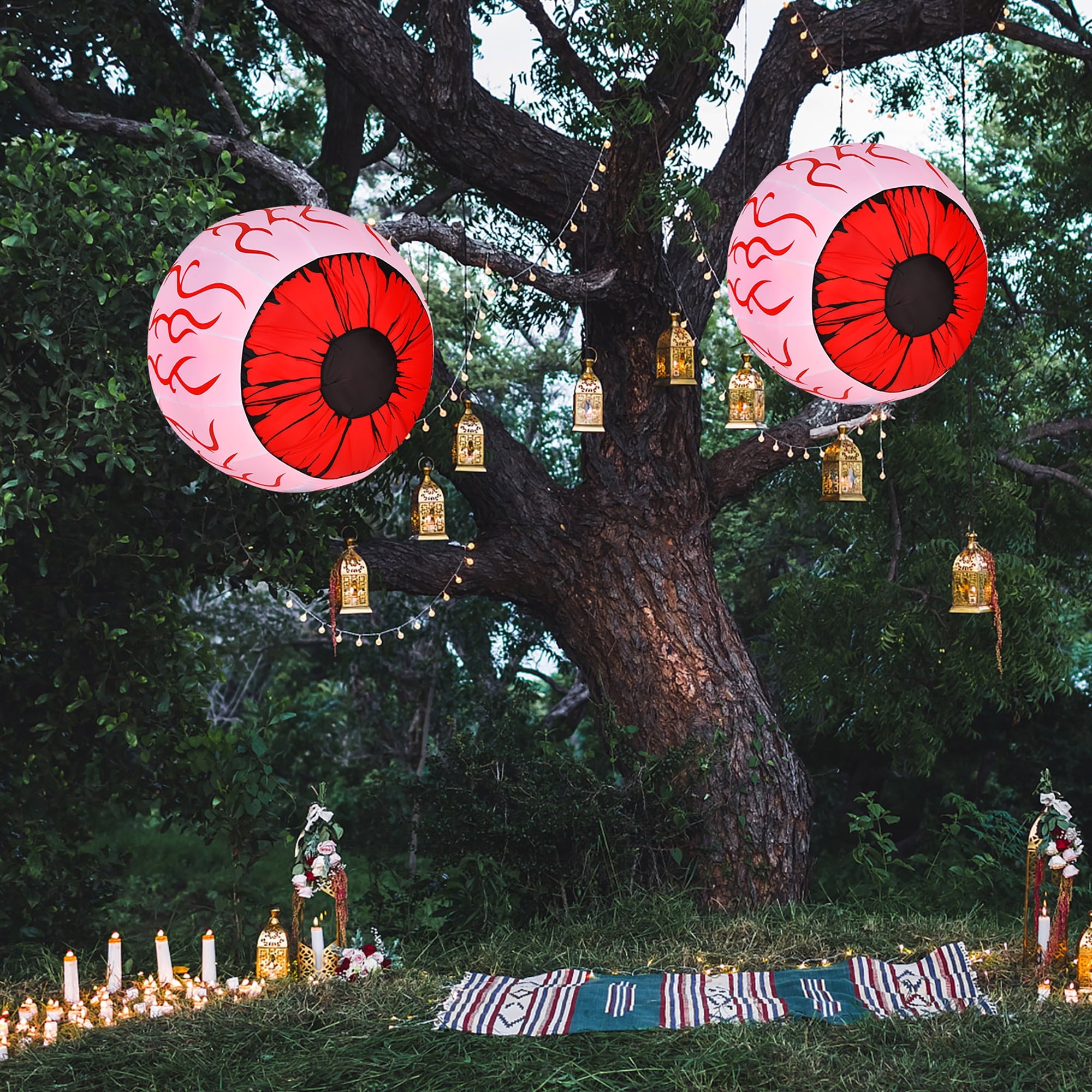 Costway 2 Pack 3 FT Halloween Inflatable Eyeballs w/ Air Blower & Red LED Lights