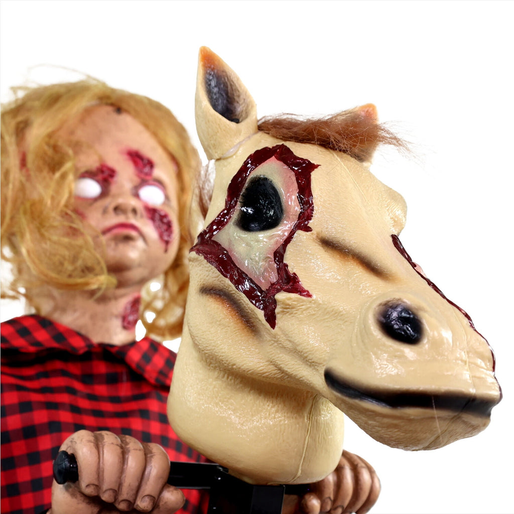 3.2 ft Voice & Sound-Sensor Rocking Horse Girl Halloween Animatronic, HHRCKHRSGRL-1FLSA