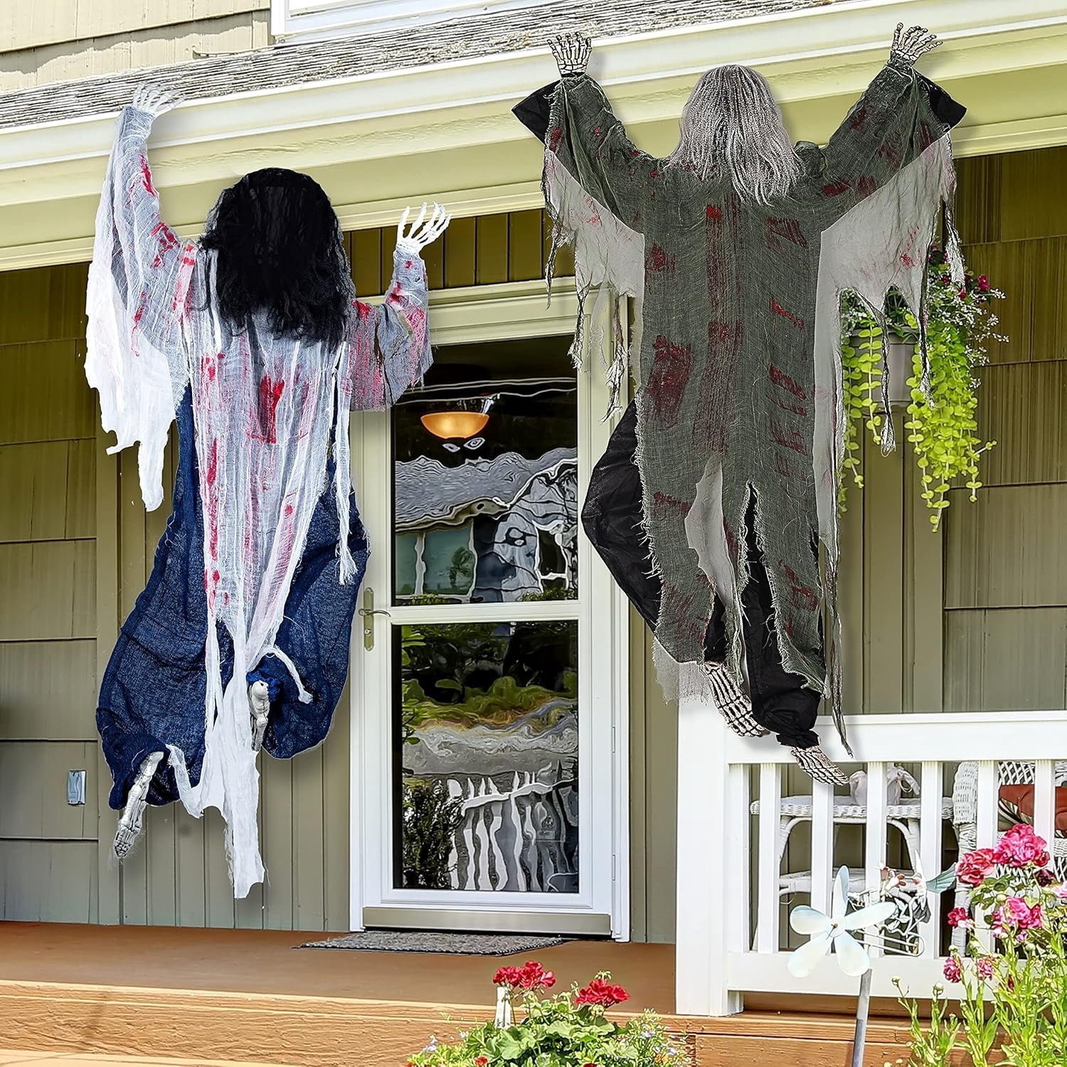 2 Pack 47 inch Halloween Decor Climbing Zombie Skeleton with Bloodstains,Halloween Hanging Decorations Indoor and Outdoor Yard Decorations