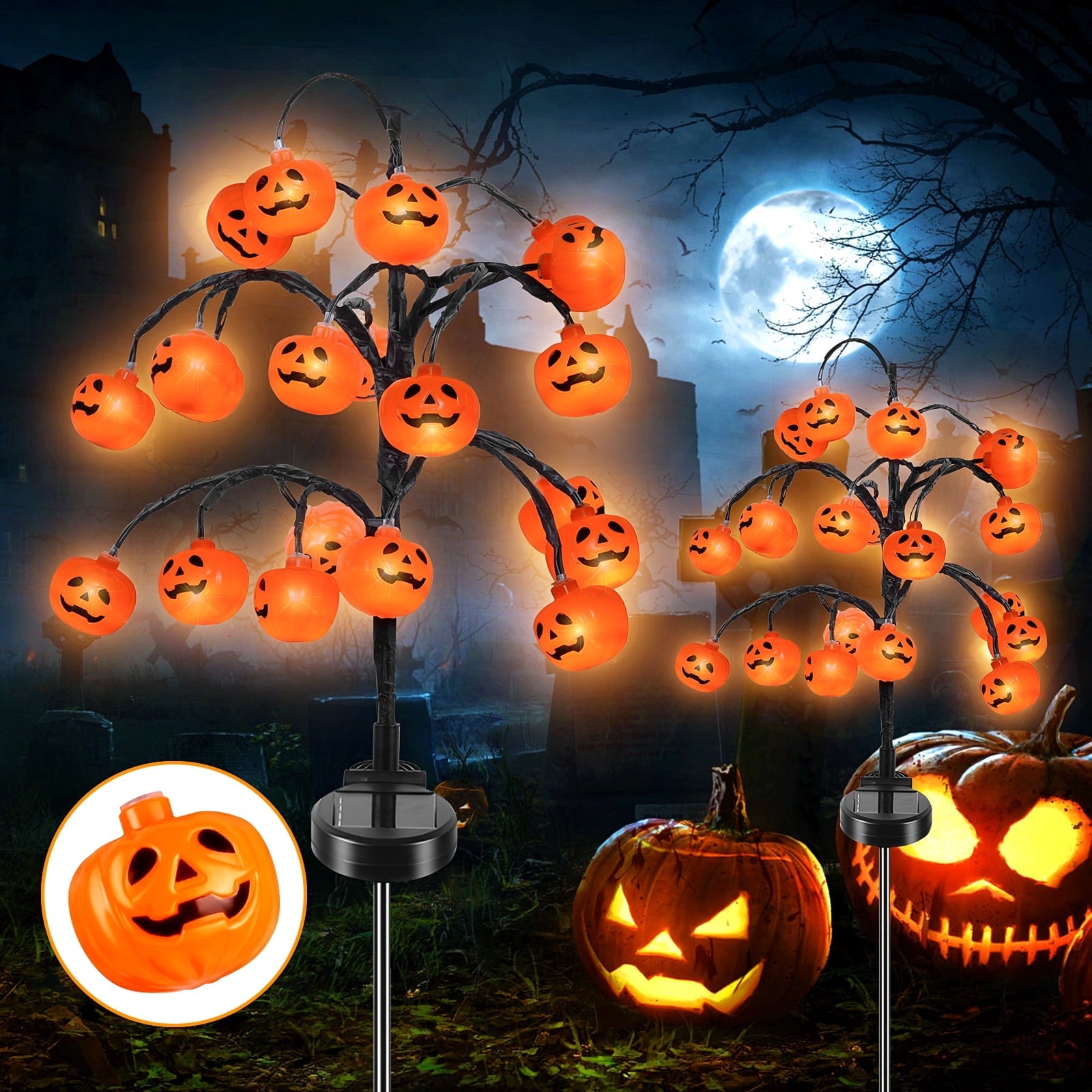 2 packs 40 LEDs Solar Halloween Pumpkin Stake Lights, 2 Modes Outdoor Waterproof Halloween Decorations, Solar Halloween Lights Stakes for Garden Yard Pathway