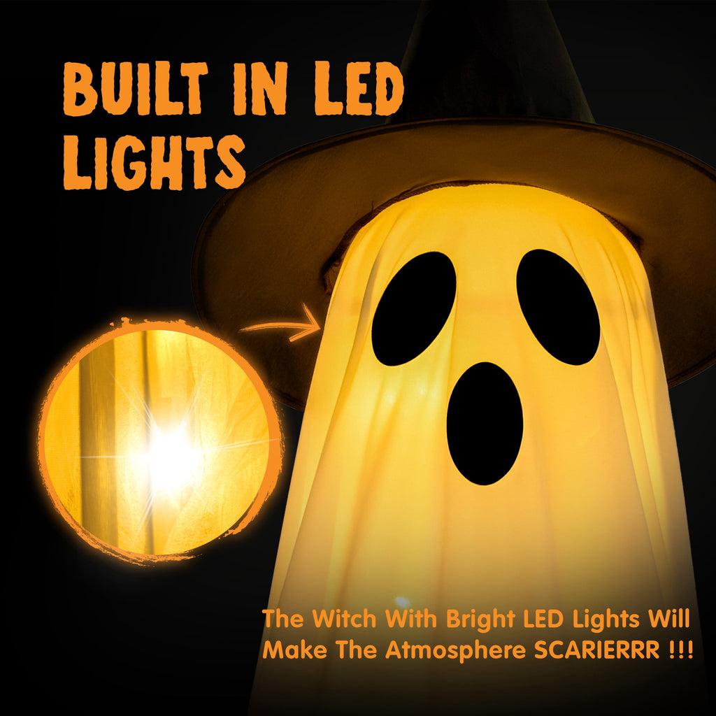 2 Packs Halloween Decorations Outdoor,Light Up Halloween Spooky Standing Ghost with Witch Hat,Scary Ghosts Decor with LED Lights for Front Porche Yard Garden Home