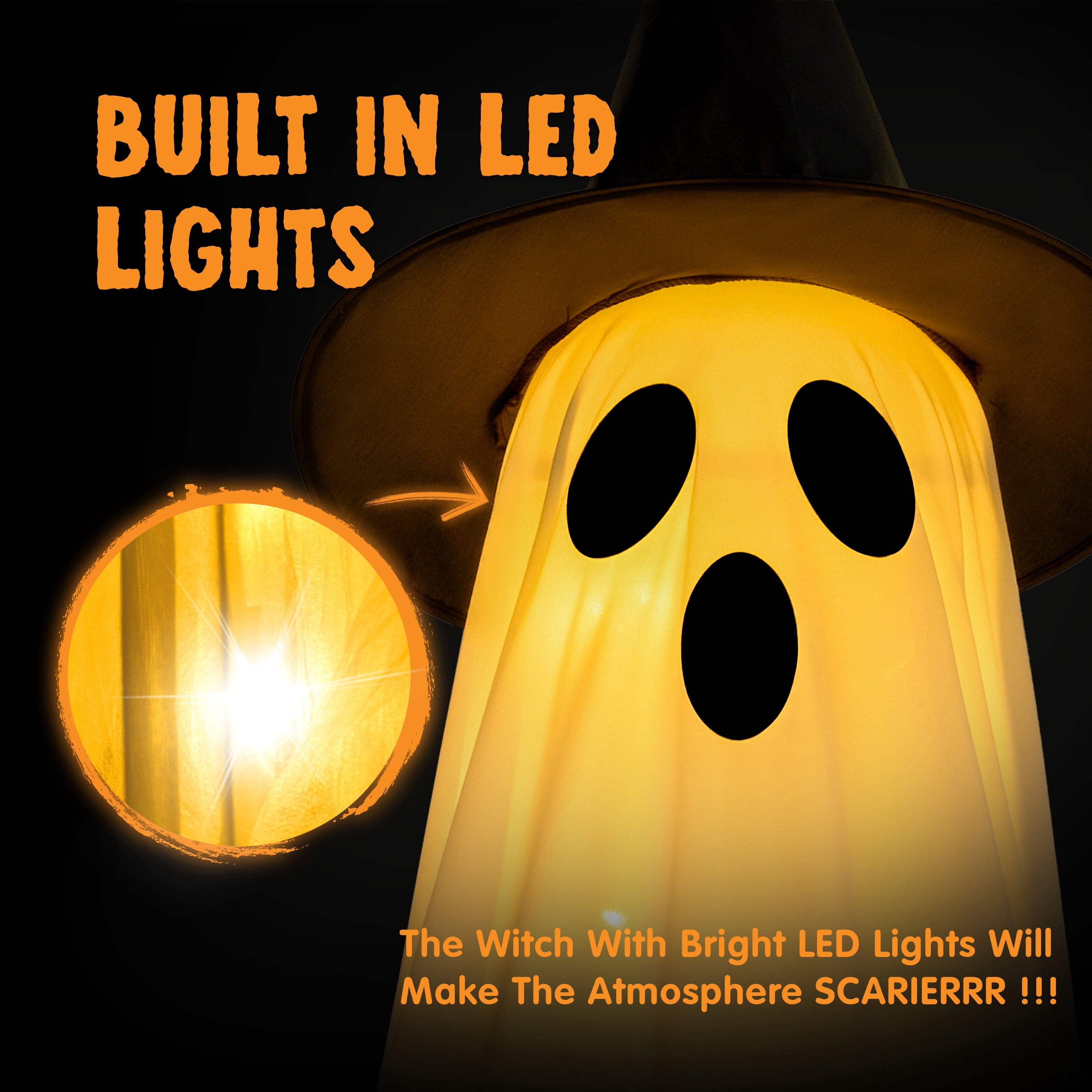 2 Packs Halloween Decorations Outdoor,Light Up Halloween Spooky Standing Ghost with Witch Hat,Scary Ghosts Decor with LED Lights for Front Porche Yard Garden Home