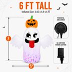 6FT Halloween Inflatable Ghost with Pumpkin Head, Light-Up Blow Up Outdoor Yard Decoration with White and RGB LED Lights