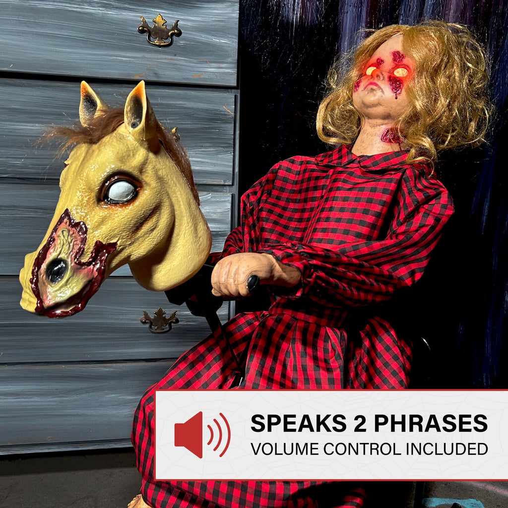 3.2 ft Voice & Sound-Sensor Rocking Horse Girl Halloween Animatronic, HHRCKHRSGRL-1FLSA