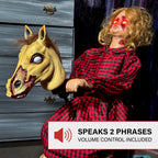 3.2 ft Voice & Sound-Sensor Rocking Horse Girl Halloween Animatronic, HHRCKHRSGRL-1FLSA