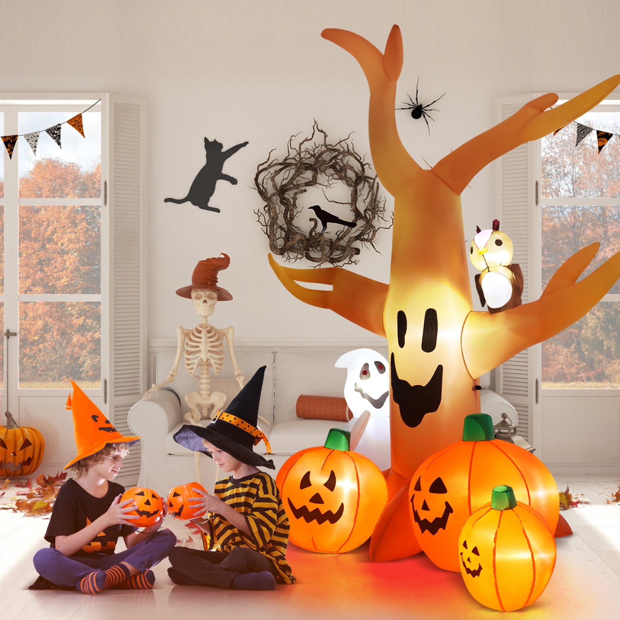 8FT Halloween Inflatables Dead Tree,Outdoor Halloween Decorations with Built-in LED Lights,Halloween Blow Up Yard Decorations with Pumpkin,Ghost,and Owl
