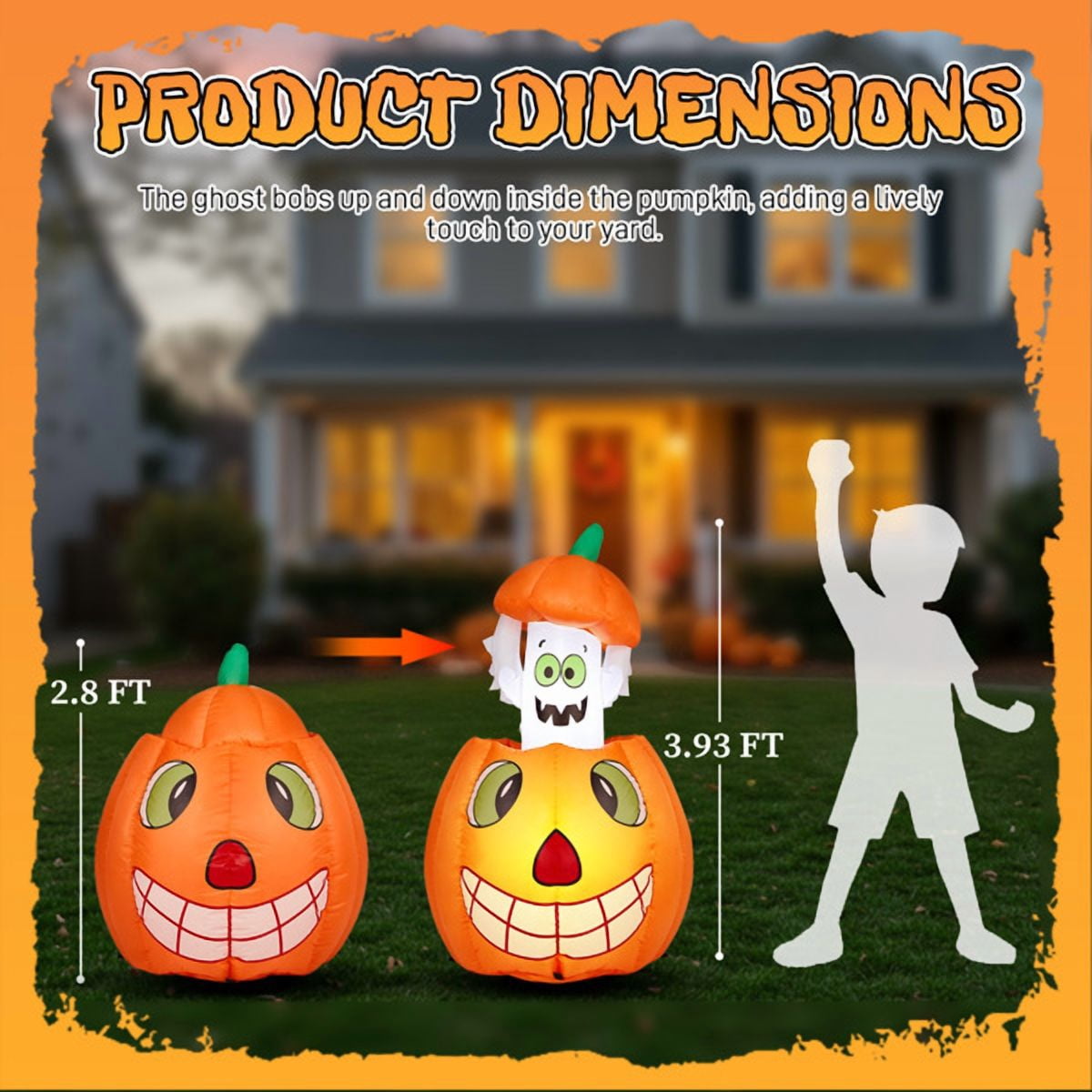 2.8FT Halloween Inflatable Animated Pumpkin Ghost, 2 White LED Lights, Weather-Resistant Polyester, for Small Spaces/Accent Decor