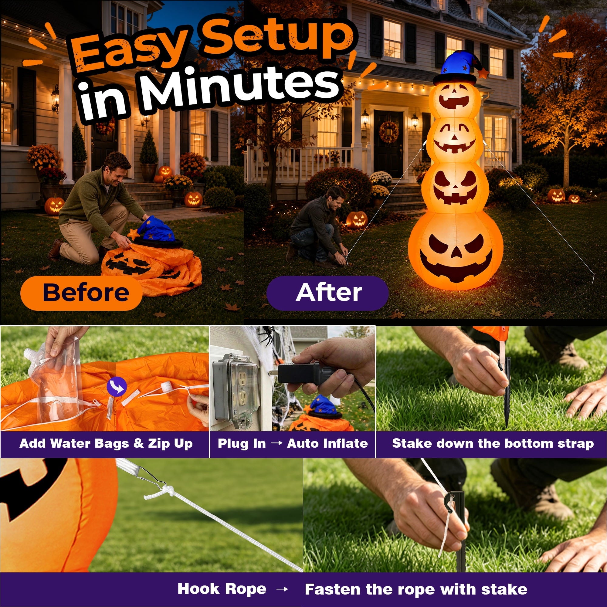 8ft Halloween Inflatable, Stacked Pumpkins with Witch Hat and Built-in LED Lights, Outdoor Blow up Yard Decor for Lawn, Garden, Porch and Halloween Party, Orange