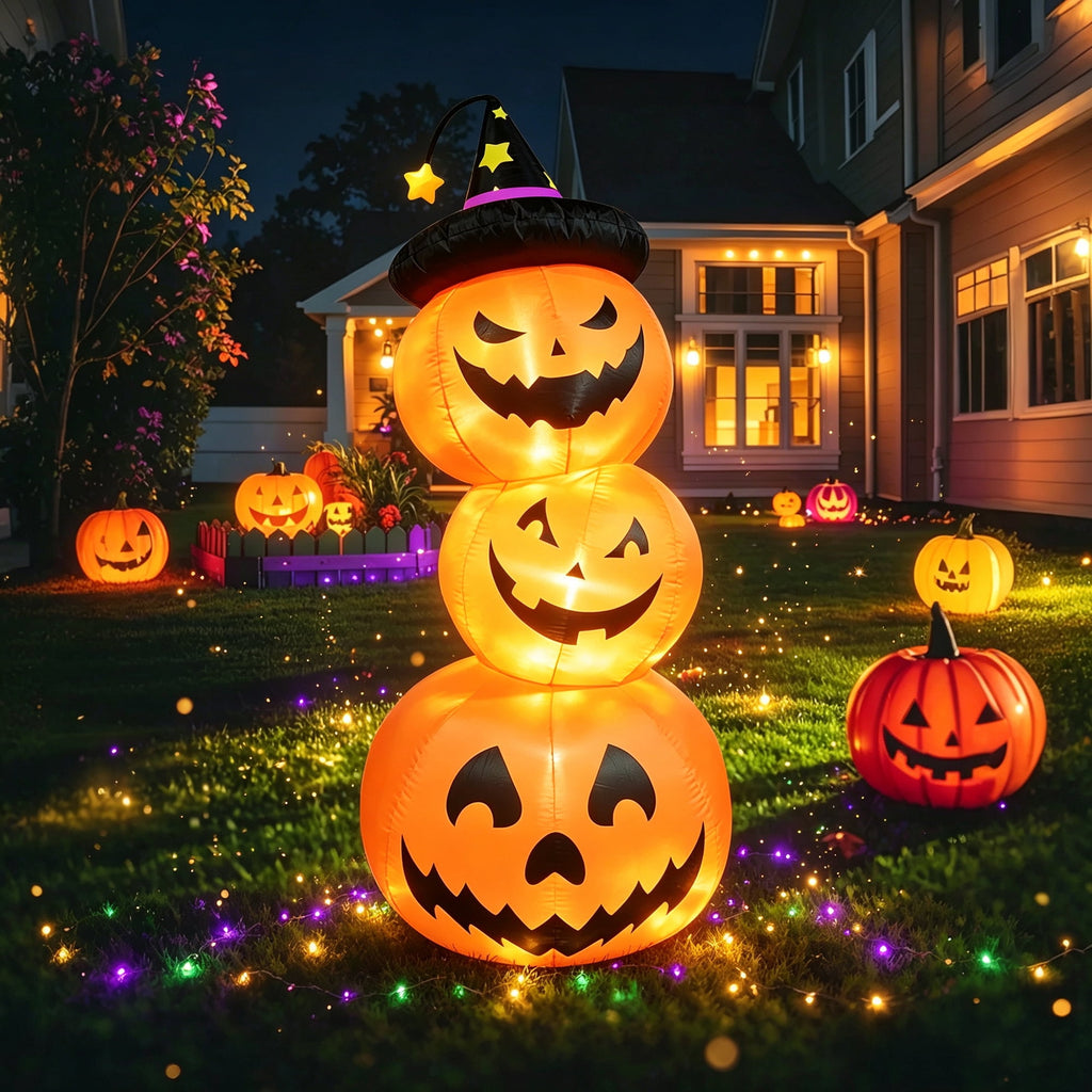 Faburo 6FT Halloween Inflatable Pumpkin Stack with LED Lights, 3 Jack O Lantern Blow Up Outdoor Halloween Decorations for Yard Lawn Garden Porch