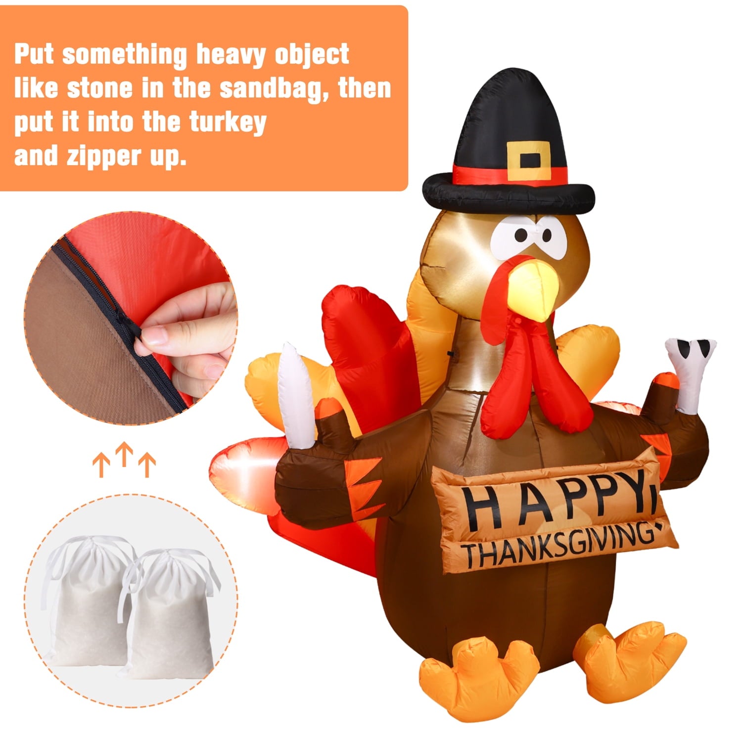 Thanksgiving Inflatable Turkey 5FT Blow up Outdoor Thanksgiving Inflatables Decoration with LED Lights for Holiday Party Yard Garden