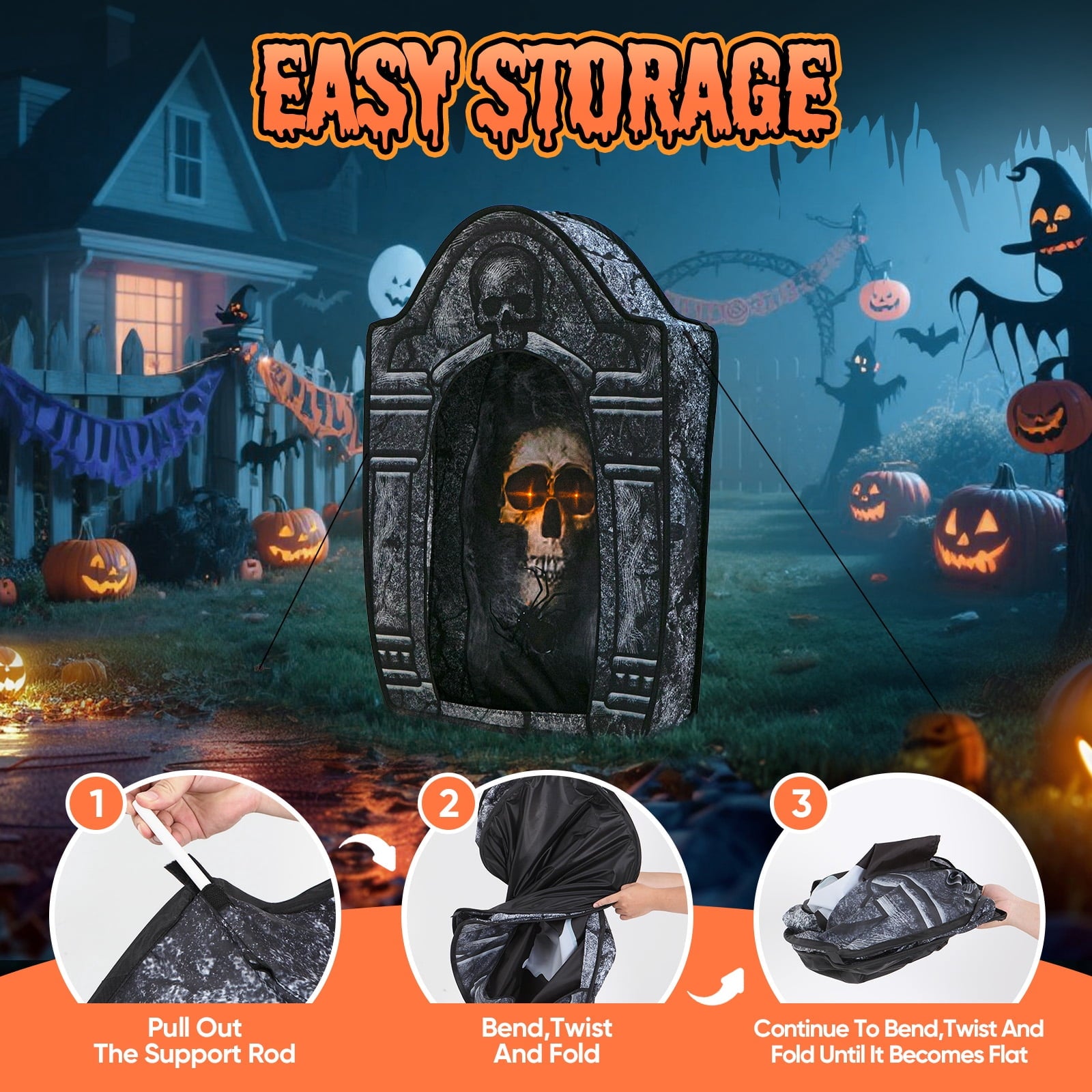 Toiyjofe 3.5ft Large Halloween Tombstone with LED Skull Eyes, Foldable Battery Powered Graveyard Decor for Lawn, Garden & Haunted House