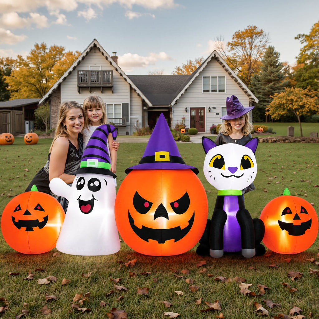 (2 pack) 8FT Halloween Inflatable Pumpkins Ghost Cat with Lights,Blow ups Outdoor Decorations for Yard