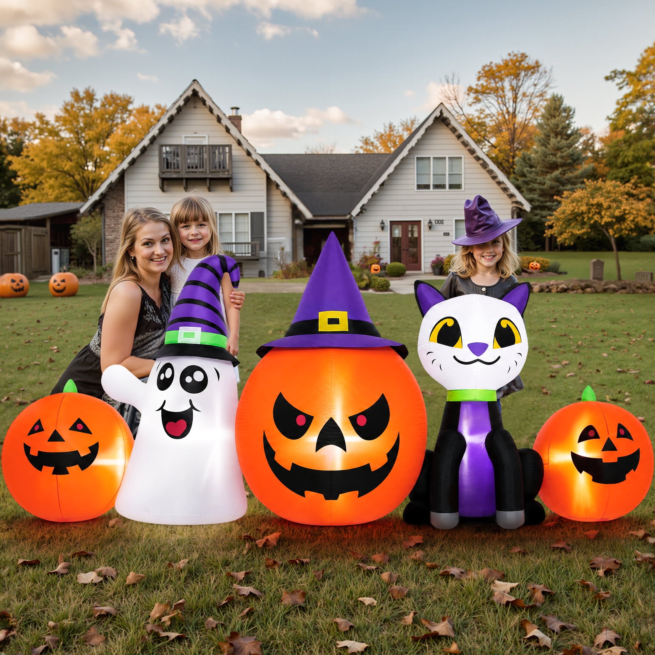 8FT Halloween Inflatable Pumpkins Ghost Cat with Lights,Blow ups Outdoor Decorations for Yard