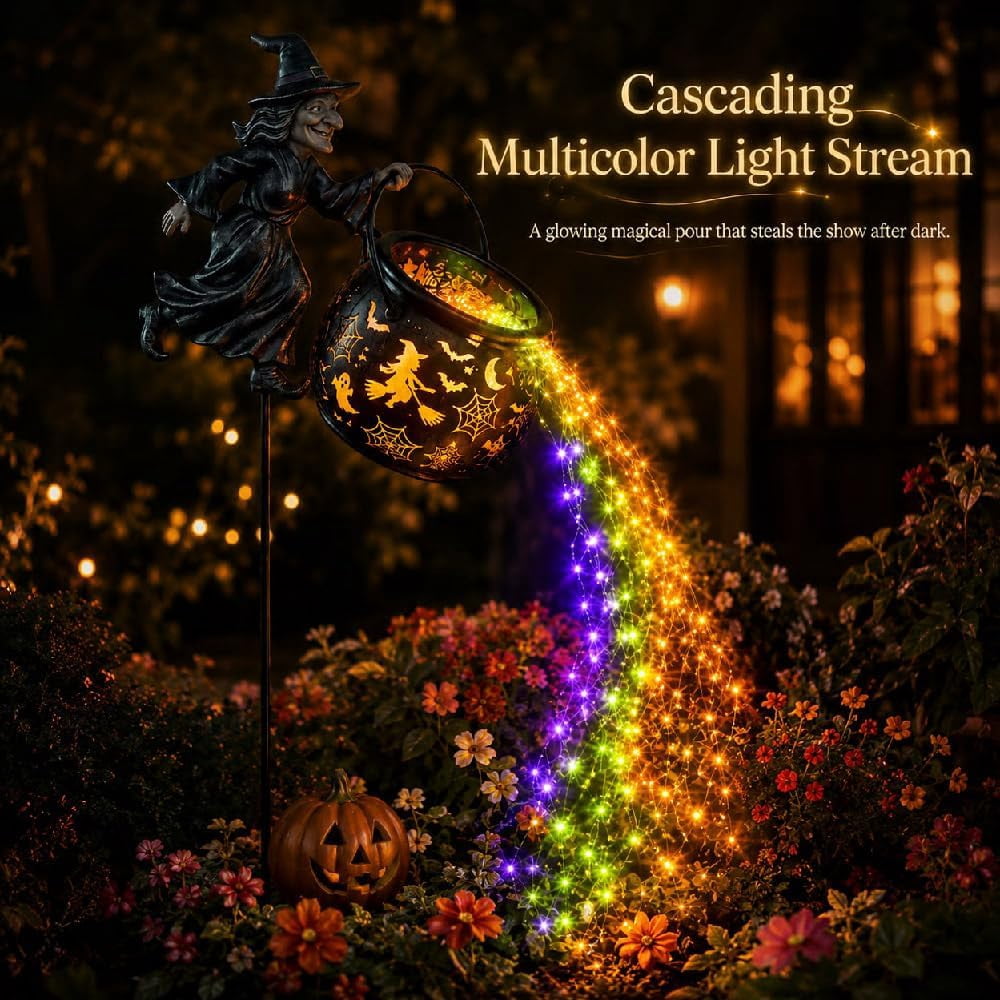 Halloween Witch Cauldron Garden Light, Waterfall-Style Enchanted Witch Cauldron Garden Decoration, Halloween LED Projector Lights Decorations Outdoor with Stake for Yard Lawn Porch Party