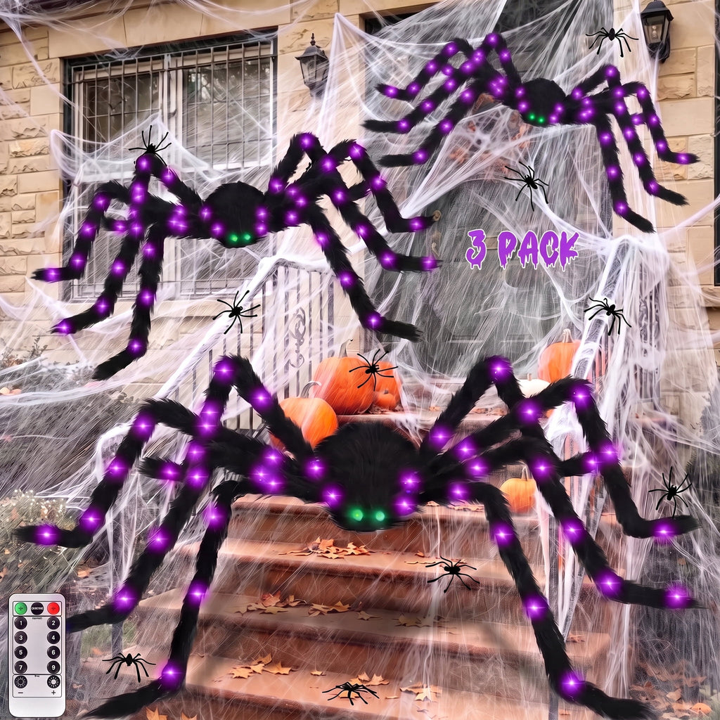 Halloween Spider Decorations Set, 5FT and 2 Pack 4FT Lighted Giant Spider Decorations for Halloween Party Indoor Outdoor Yard Home Decor