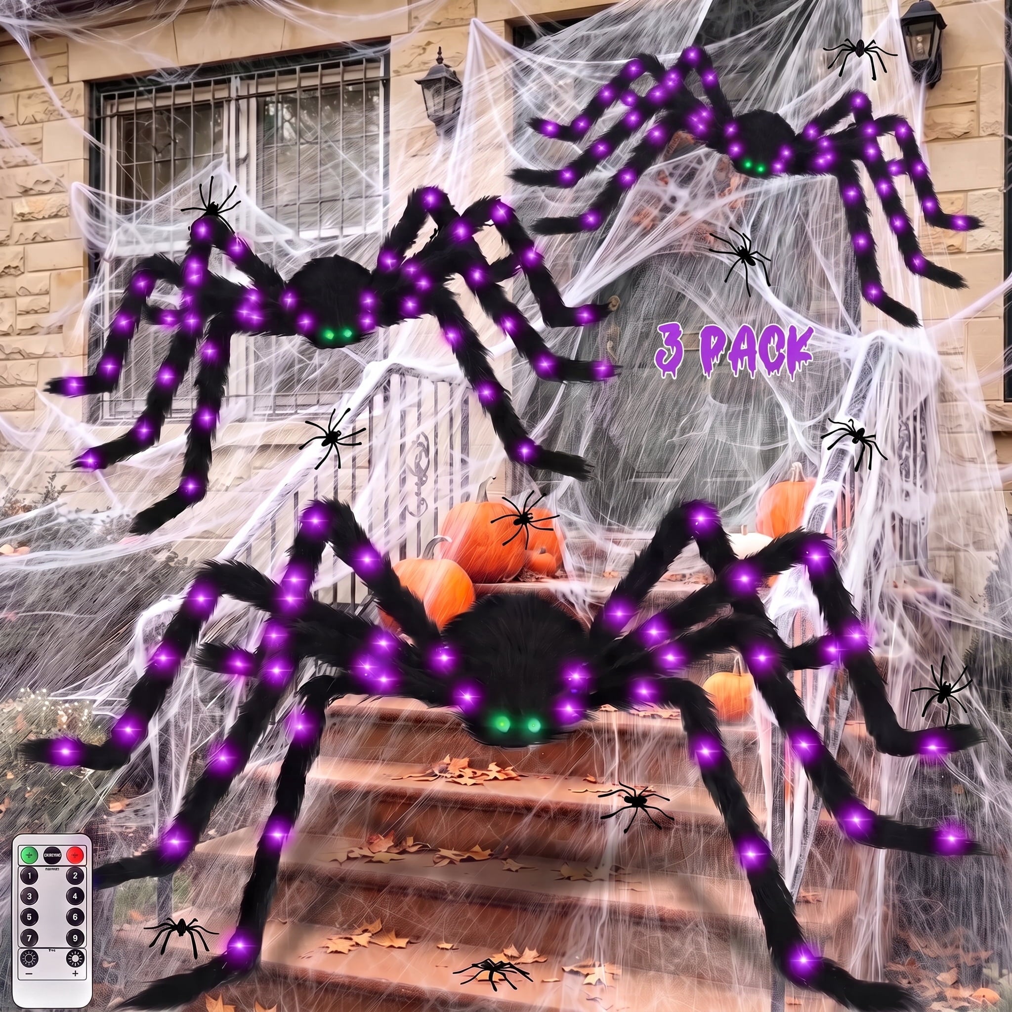 Halloween Spider Decorations Set, 5FT and 2 Pack 4FT Lighted Giant Spider Decorations for Halloween Party Indoor Outdoor Yard Home Decor
