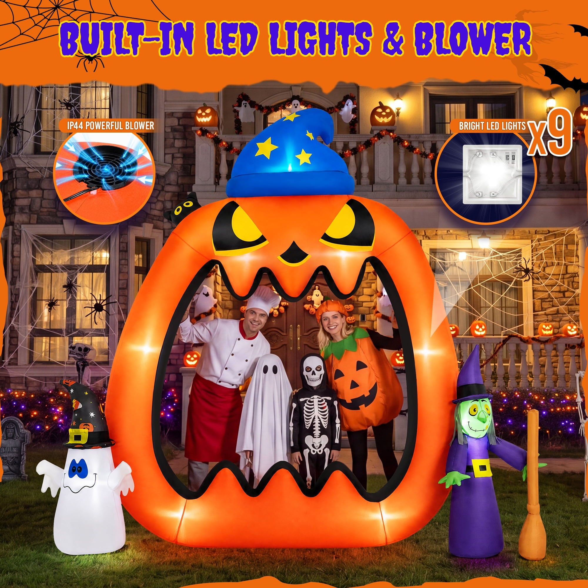 8.2ft Halloween Inflatable Pumpkins Photo Door with Ghost Witch Yard Party Outdoor Decorations with LED Lights