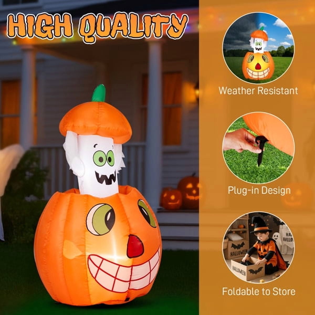 2.8FT Halloween Inflatable Animated Pumpkin Ghost, 2 White LED Lights, Weather-Resistant Polyester, for Small Spaces/Accent Decor