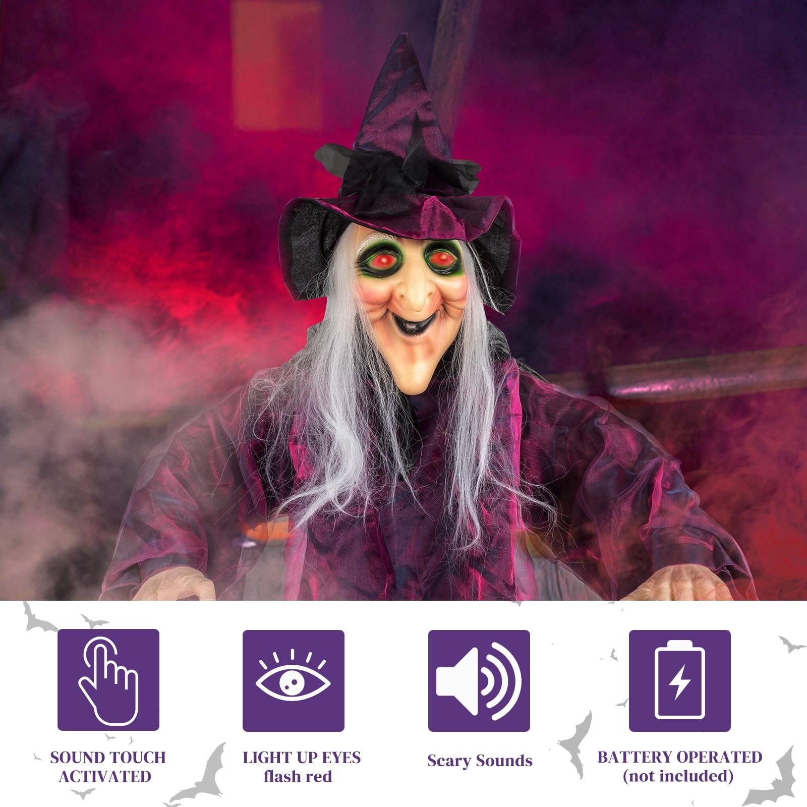 Halloween Witch Hanging Animated Screaming Witch w/ Pre-Recorded Sound, LED Eyes for Yard Outdoor Home Garden