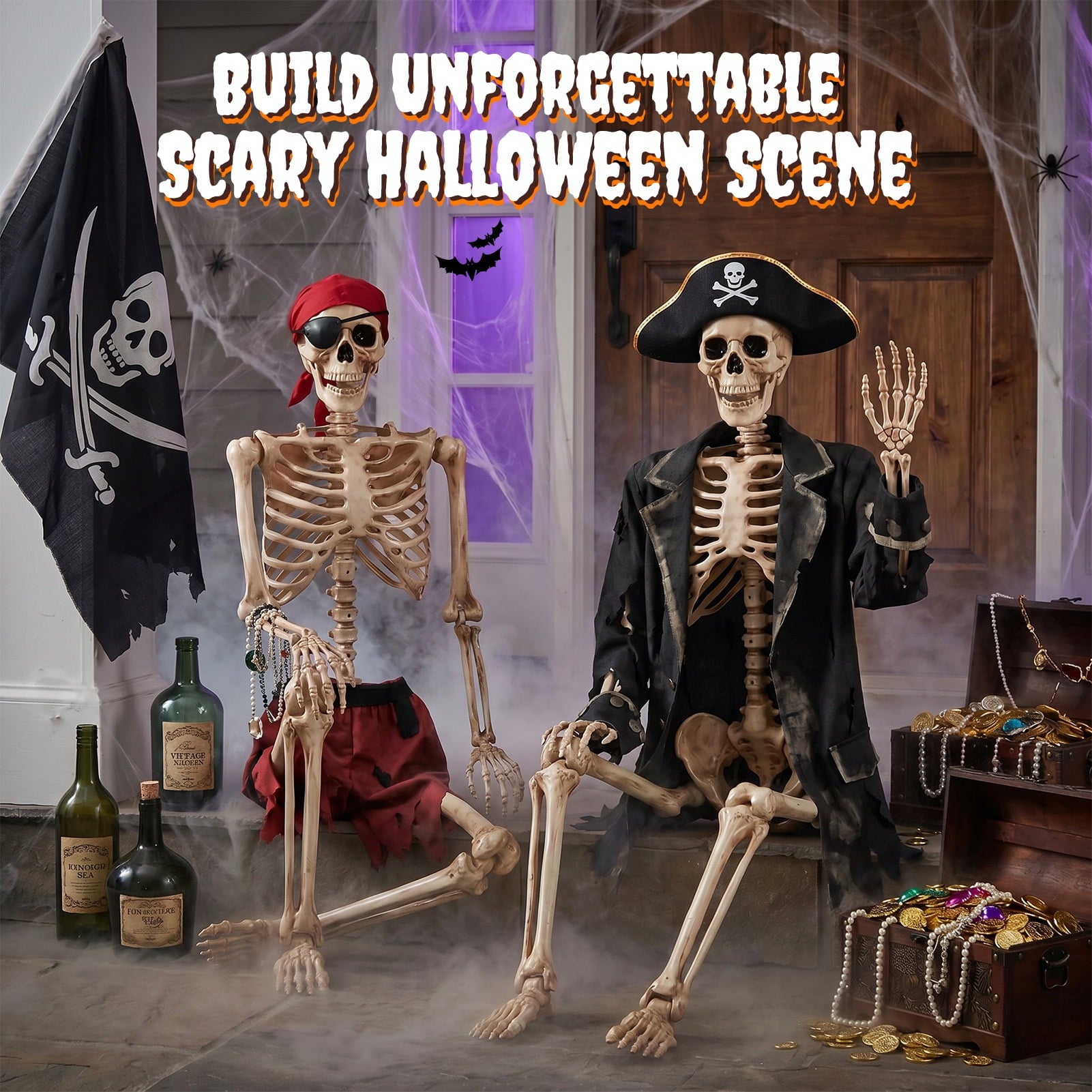 5.4ft Halloween Skeleton Decorations, Weathered Posable Skeleton Decor for Halloween Decorations Outdoor Indoor