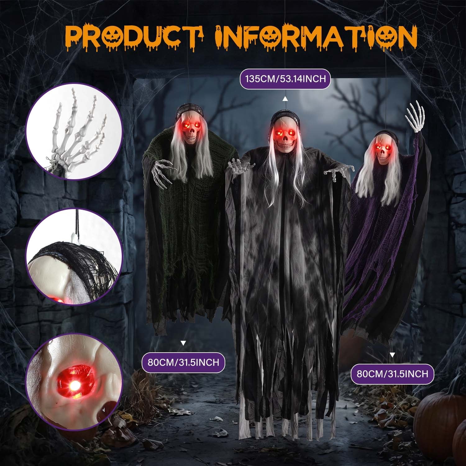 3 Pack Hanging Skeleton Ghosts for Halloween Decorations Outdoor, Grim Reaper for Halloween Decor