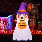 Halloween Inflatables 6 FT Inflatable Ghost Dog with Pumpkin in Mouth & Witch Hat, Halloween Ghost Dog Inflatables with LED Lights, Outdoor Halloween Decorations for Halloween Holiday Party
