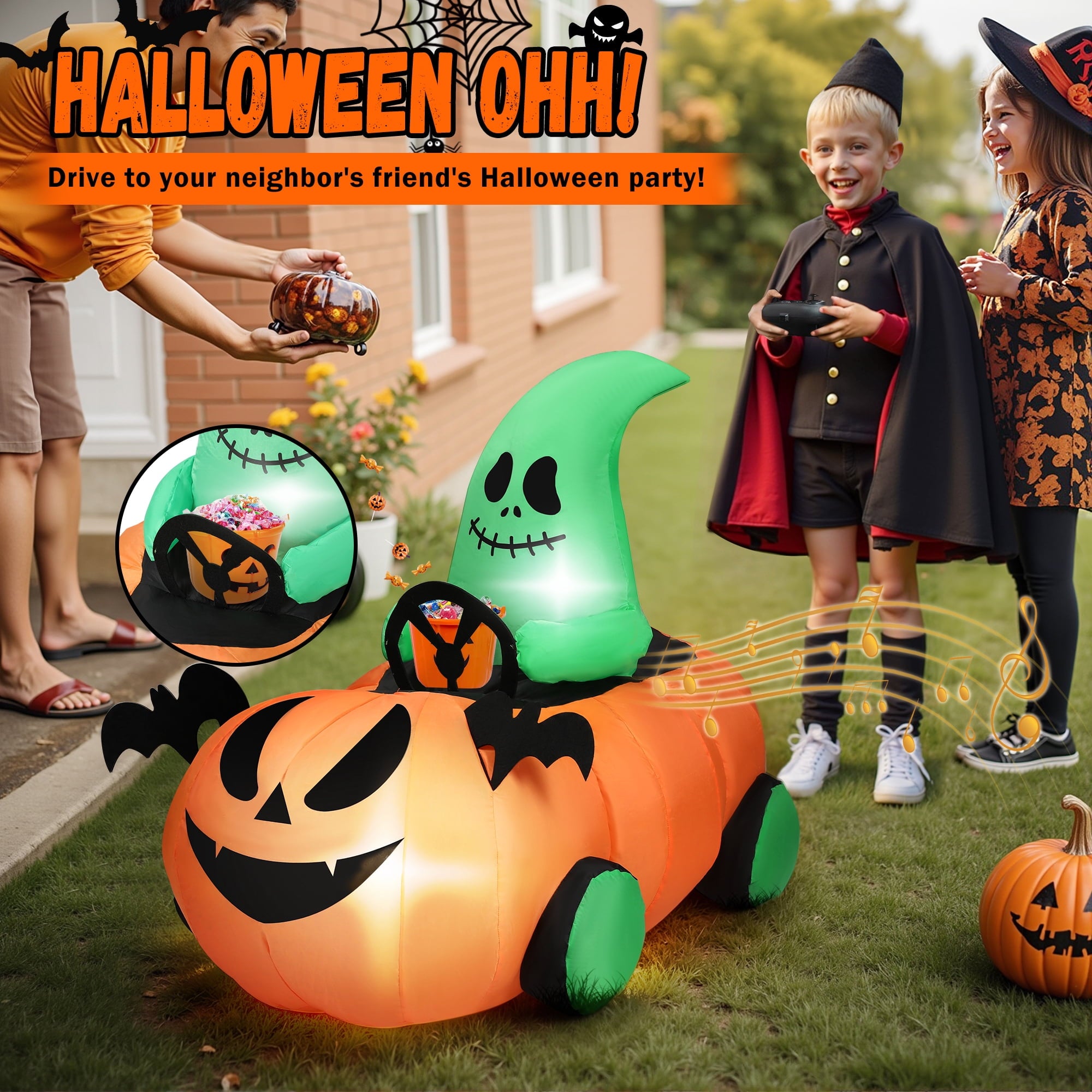 (2 pack) 2.6ft Halloween Inflatable with Music and Lights,Remote Control Pumpkin Ghost Car,Blow ups Rc Car,Indoor Outdoor,Orange Green