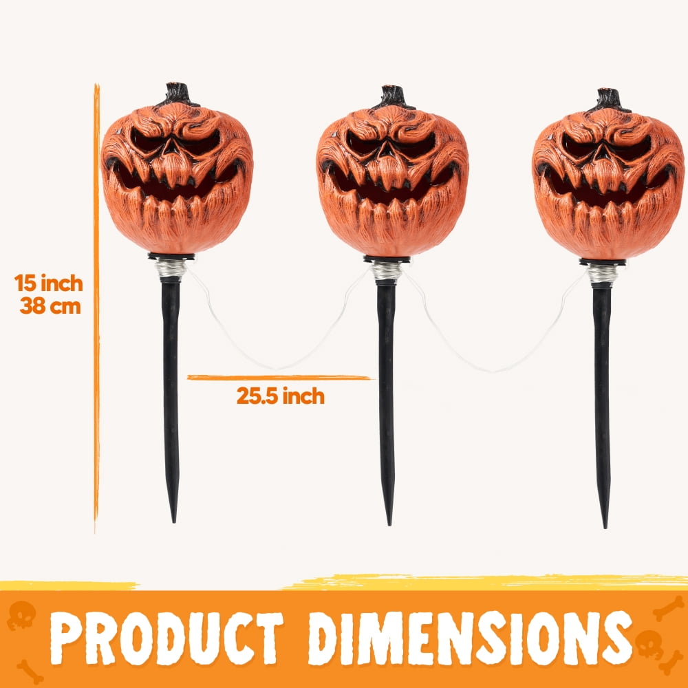 3 Pack Halloween Decorations Lighted Pumpkin Pathway Lights Stakes,Outdoor Jack-O-Lantern Waterproof Decorations,Scary Halloween Party Props Outdoor Yard Decor
