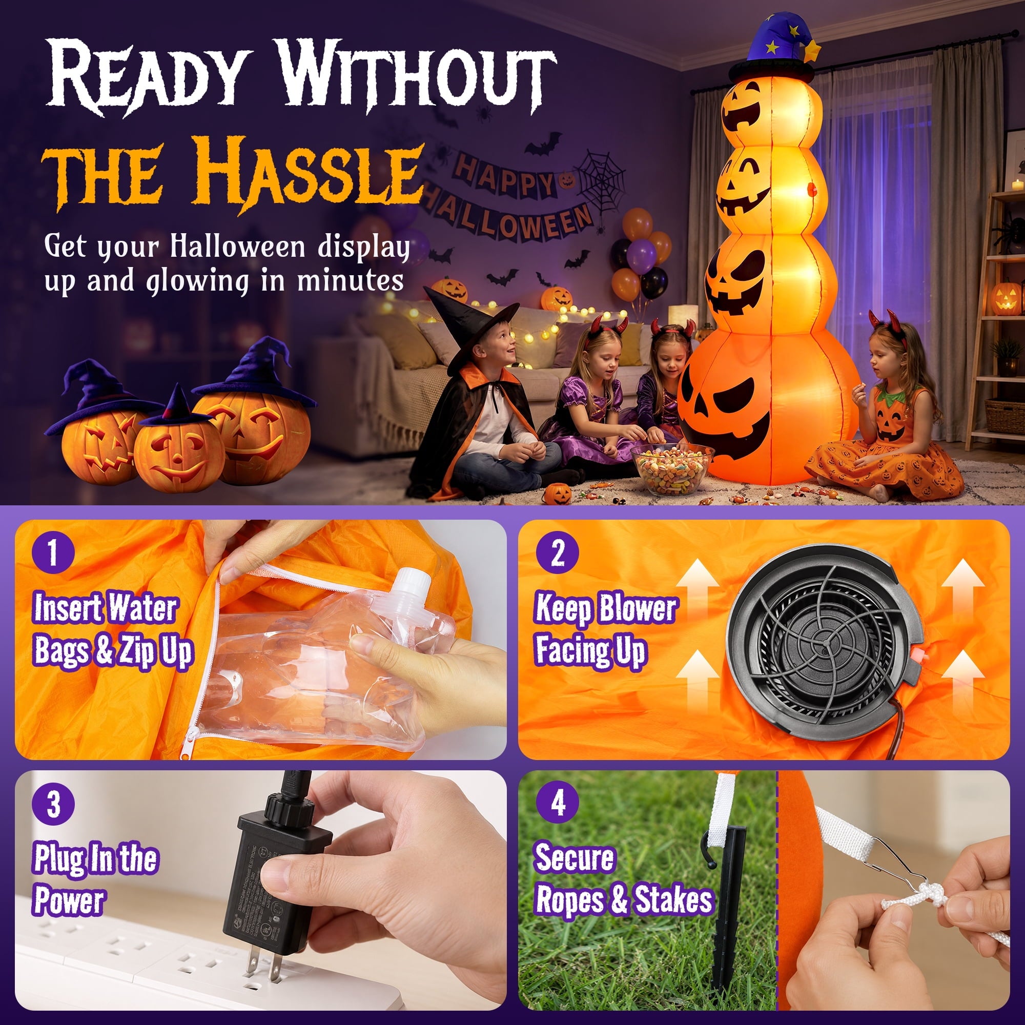 8 ft Halloween Pumpkin Stack Inflatable Decoration with Witch Hat, Lighted Blow up Yard Decor for Outdoor Lawn Garden