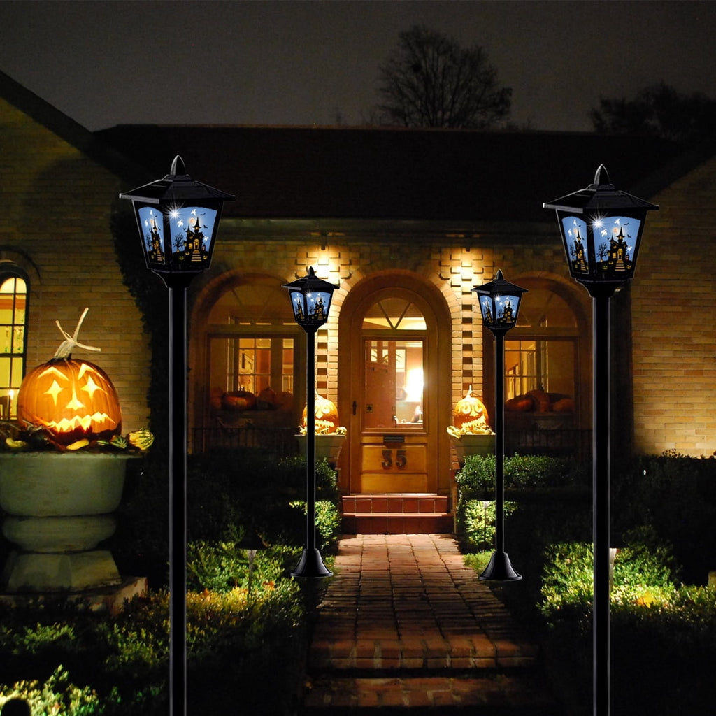 2-Pack Haunted House Solar Post Lights - Spooky Halloween Decoration with Eerie Glow, 40" Rust-Proof Stake, Auto On/Off for Outdoor Yard