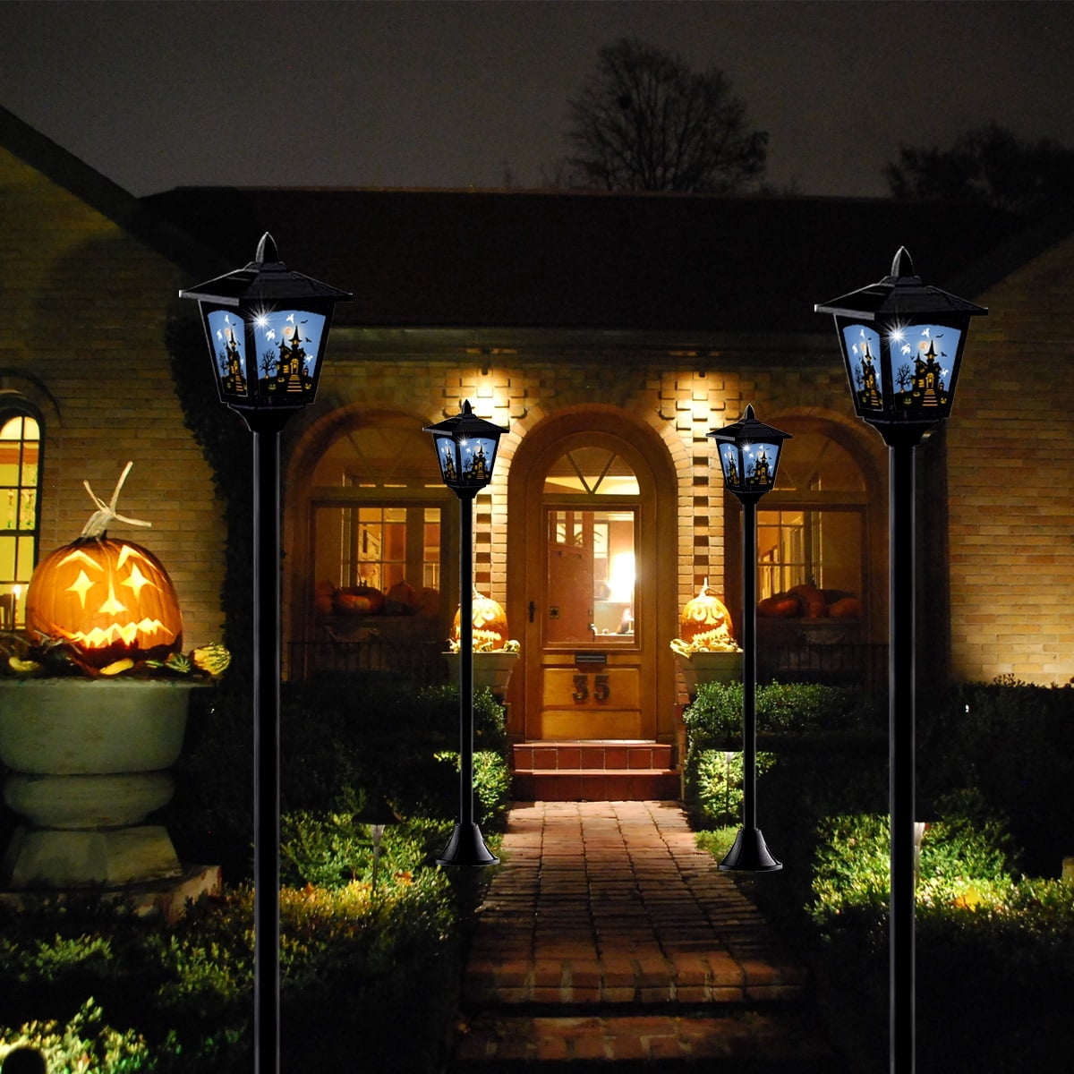 2-Pack Haunted House Solar Post Lights - Spooky Halloween Decoration with Eerie Glow, 40" Rust-Proof Stake, Auto On/Off for Outdoor Yard