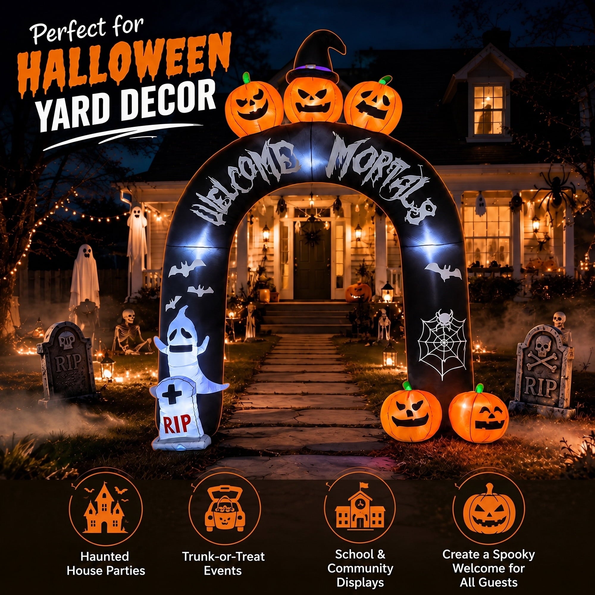 10FT Halloween Inflatable Arch for Outdoor Decor, LED Lighted Scary Archway with Ghost & Pumpkin, Blow Up Yard Decoration for Haunted Party Graveyard