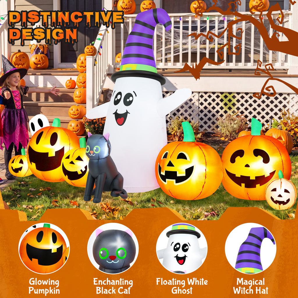 8 FT Long Halloween Inflatable Ghost with Witch Hat, 6 Pumpkins Halloween Blow Ups with Black Cat for Halloween Party Outdoor Yard Garden Lawn Decor