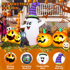 8 FT Long Halloween Inflatable Ghost with Witch Hat, 6 Pumpkins Halloween Blow Ups with Black Cat for Halloween Party Outdoor Yard Garden Lawn Decor