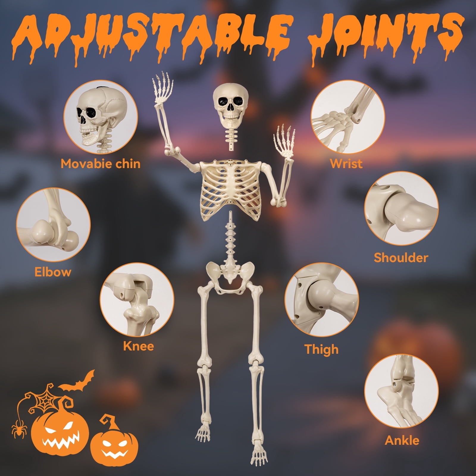 5.4 ft Halloween skeleton decoration, with movable joints, flexible skeleton for poses, scary skeleton suitable for indoor and outdoor Halloween decorations, haunted houses, courtyards, cemeteries.