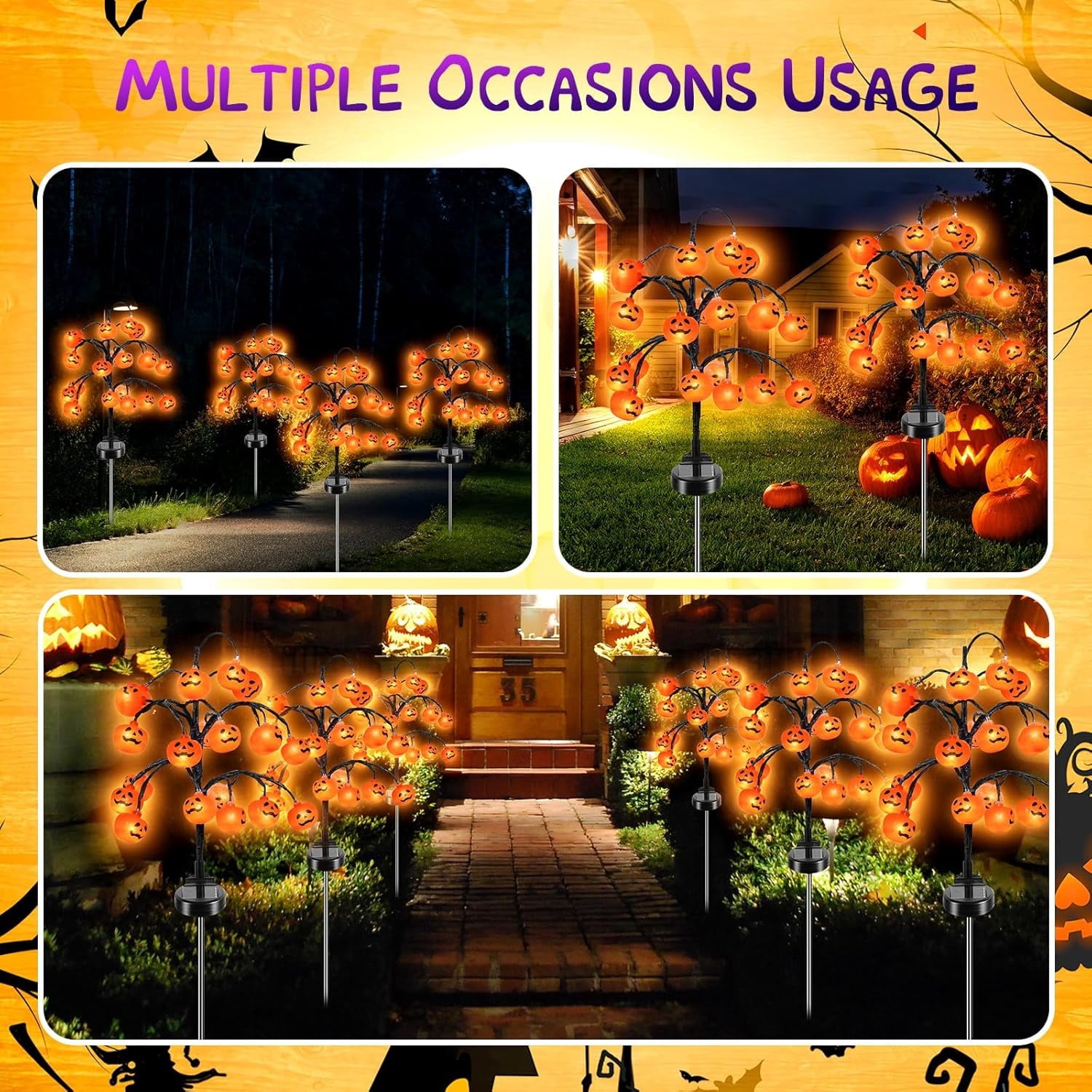 2 packs 40 LEDs Solar Halloween Pumpkin Stake Lights, 2 Modes Outdoor Waterproof Halloween Decorations, Solar Halloween Lights Stakes for Garden Yard Pathway