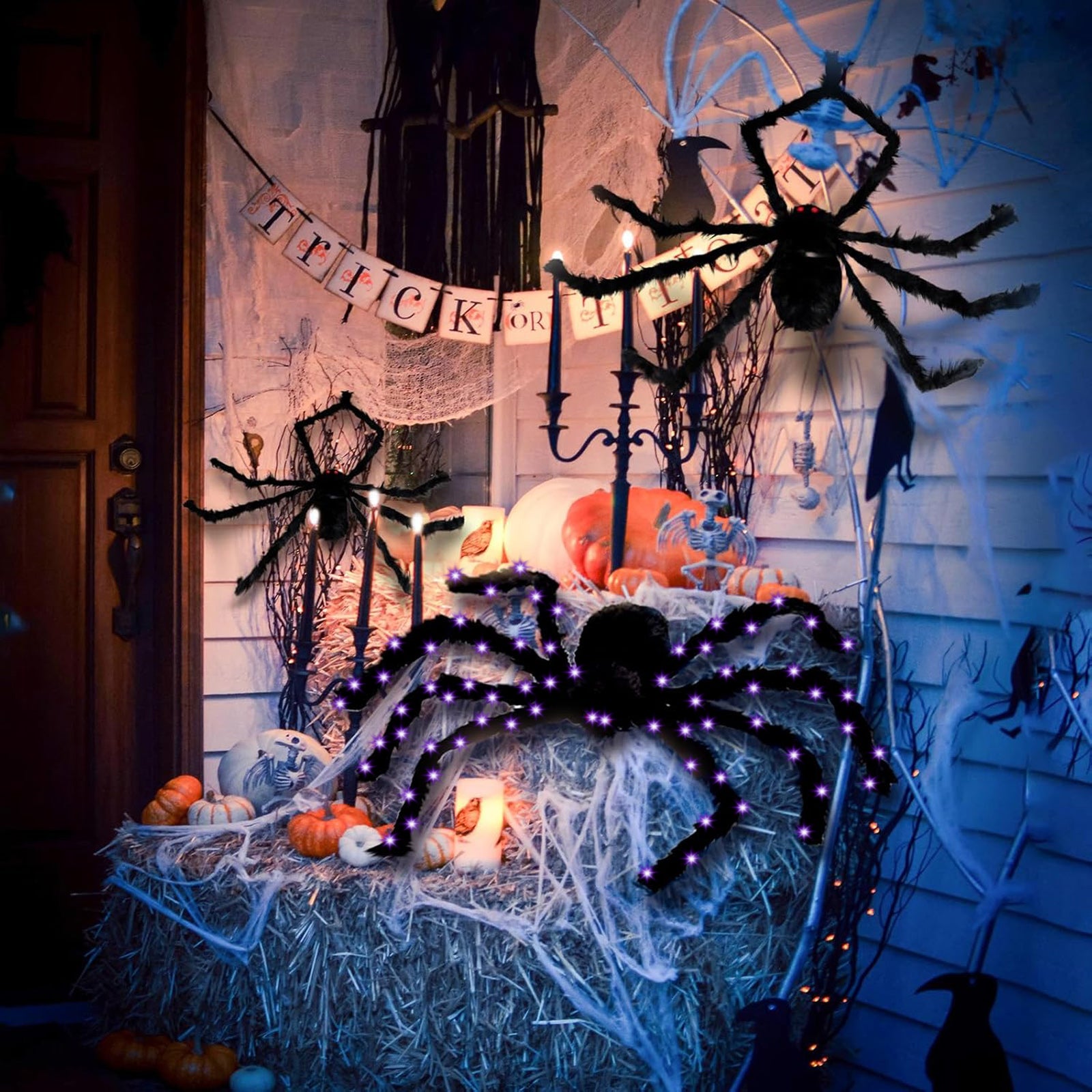 Spider Webs Halloween Decorations Outdoor, 50" Light Up Giant Spider + 276" Triangular Spider Webs, Yard Outdoor Halloween Decor