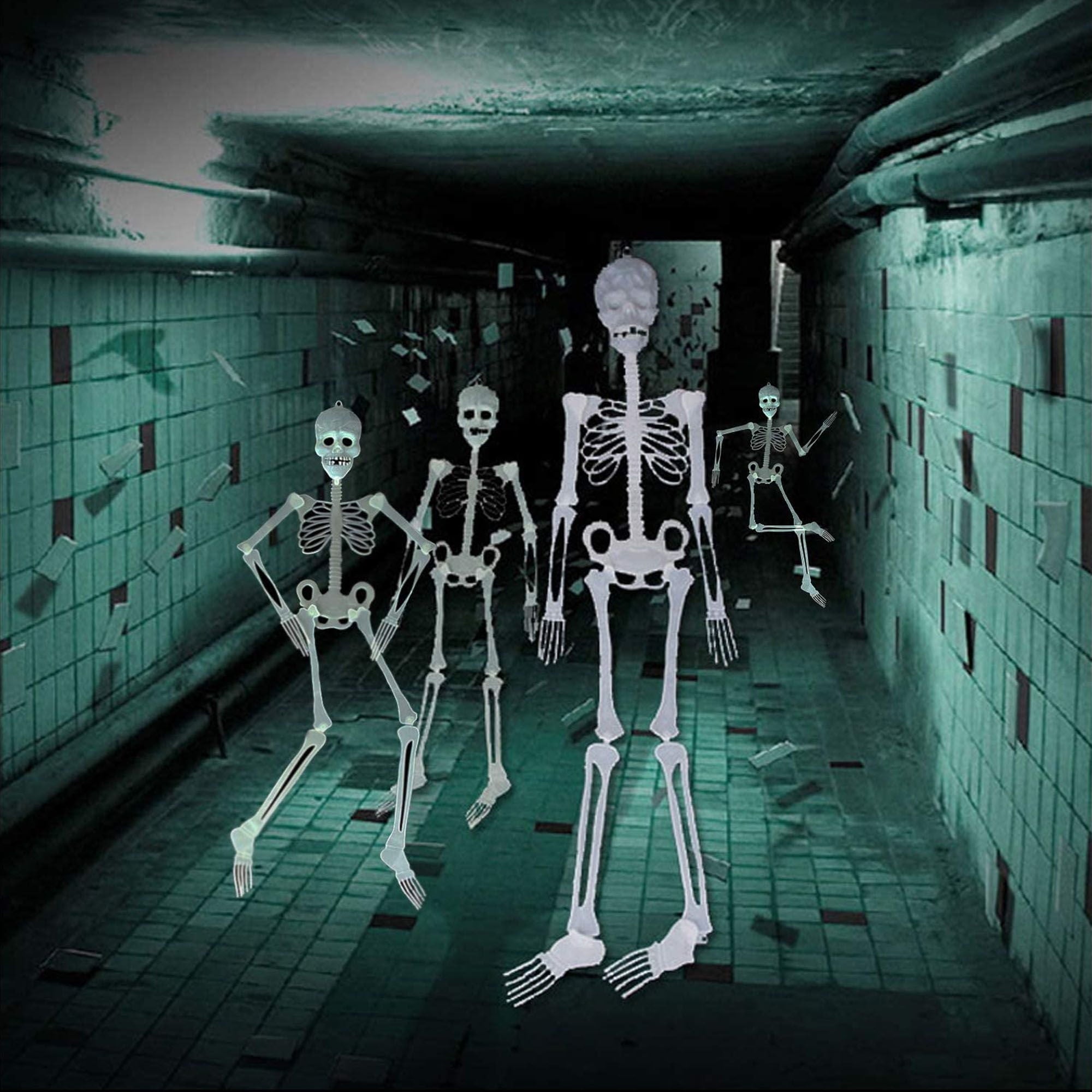 Deago 4 Pack Halloween Hanging Luminous Skeleton Decorations 5 Ft Full Body Glow-in-The-Dark Poseable Skeleton for Outdoor Yard Garden Hanging Halloween Props