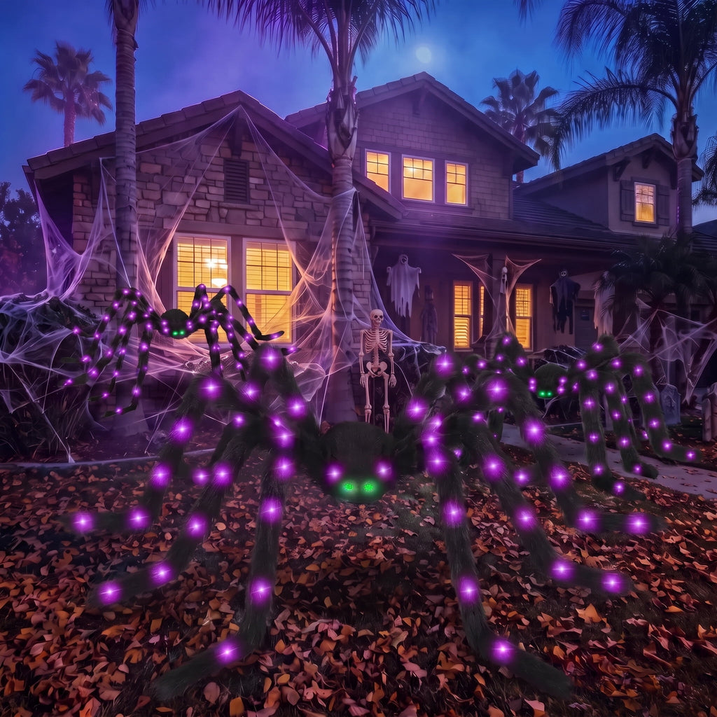 Halloween Spider Decorations Set, 5FT and 2 Pack 4FT Lighted Giant Spider Decorations for Halloween Party Indoor Outdoor Yard Home Decor