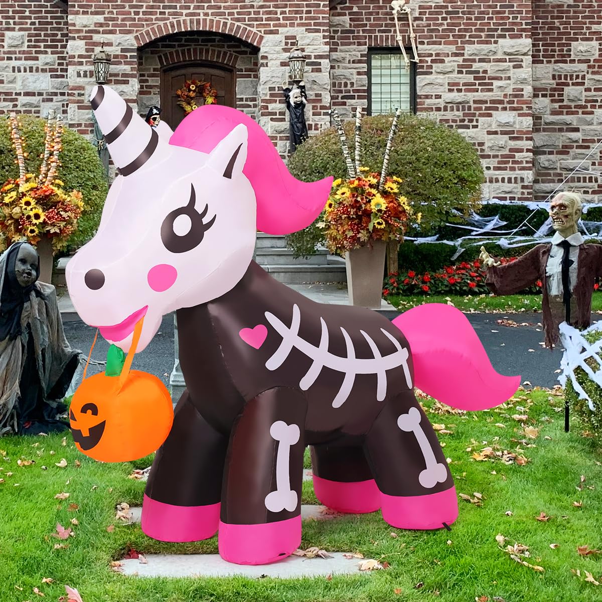 COMIN 5 FT Halloween Inflatables Skeleton Unicorn Outdoor Decorations Blow Up Yard Pink Cute with Built-in LEDs for Indoor Party Garden Lawn Decor