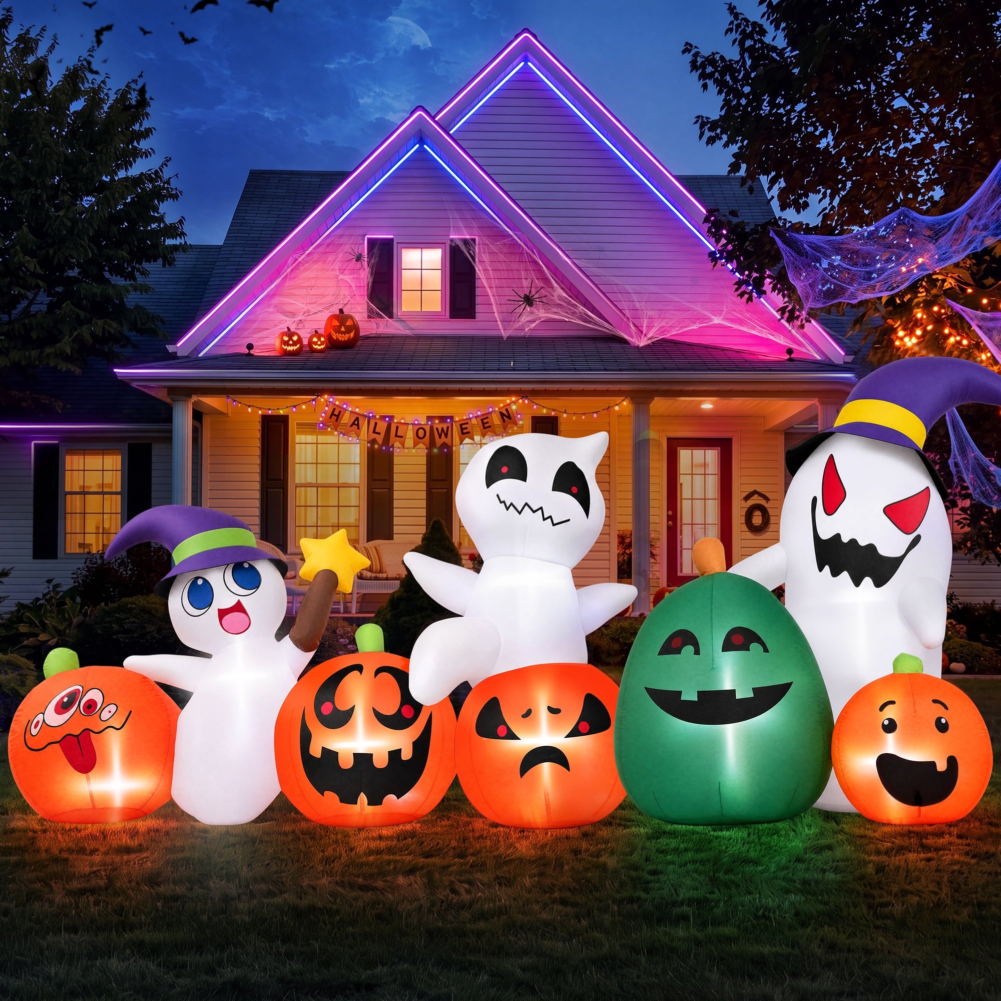 (2 pack) 7ft Long Halloween Inflatable with Lights,Pumpkin Ghost for Outdoor Decorations