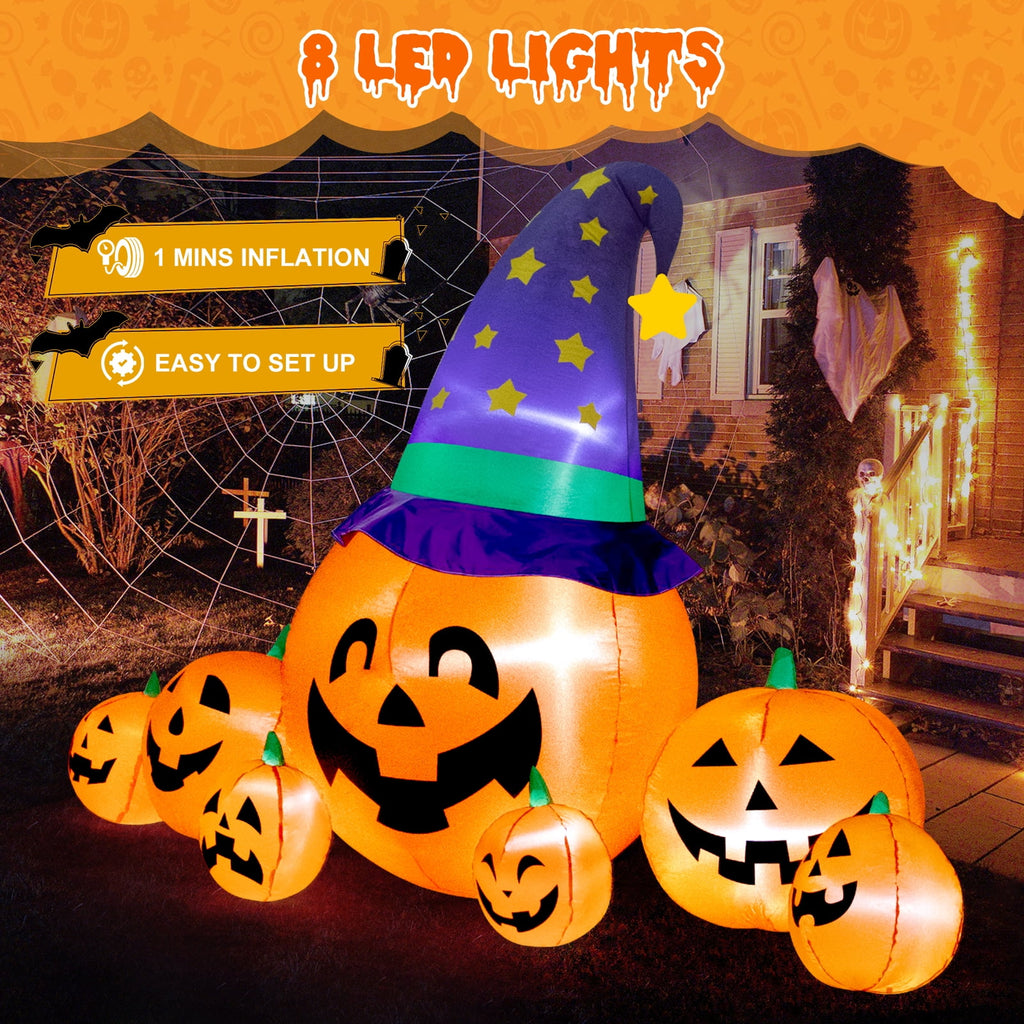 8.7FT Halloween Inflatable Pumpkin Set, 7-Pumpkin Outdoor Decoration with Witch Hats and LED Lights for Yard, Garden, Lawn