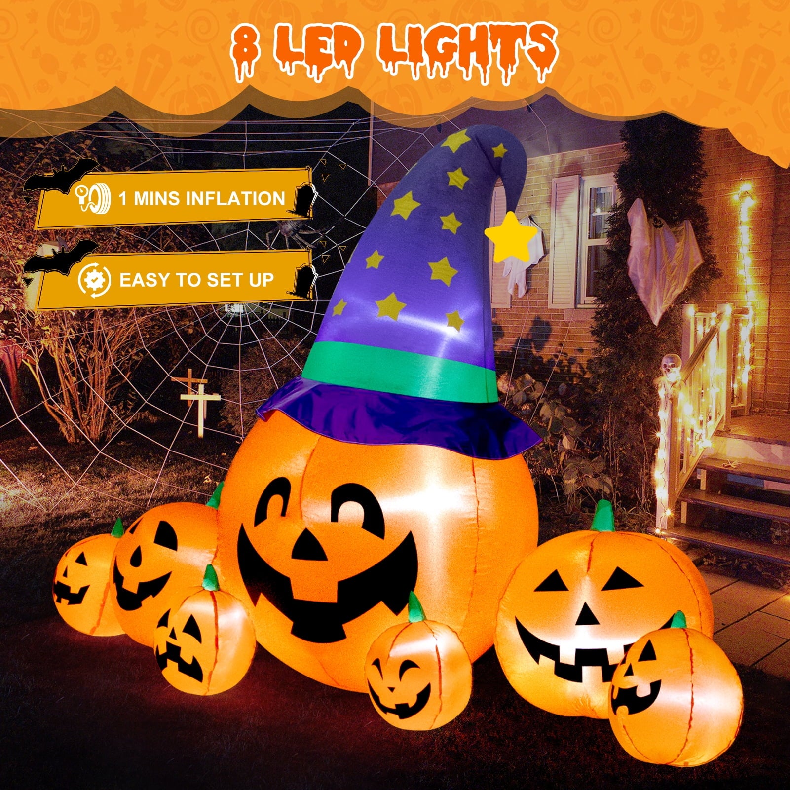 8.7FT Halloween Inflatable Pumpkin Set, 7-Pumpkin Outdoor Decoration with Witch Hats and LED Lights for Yard, Garden, Lawn