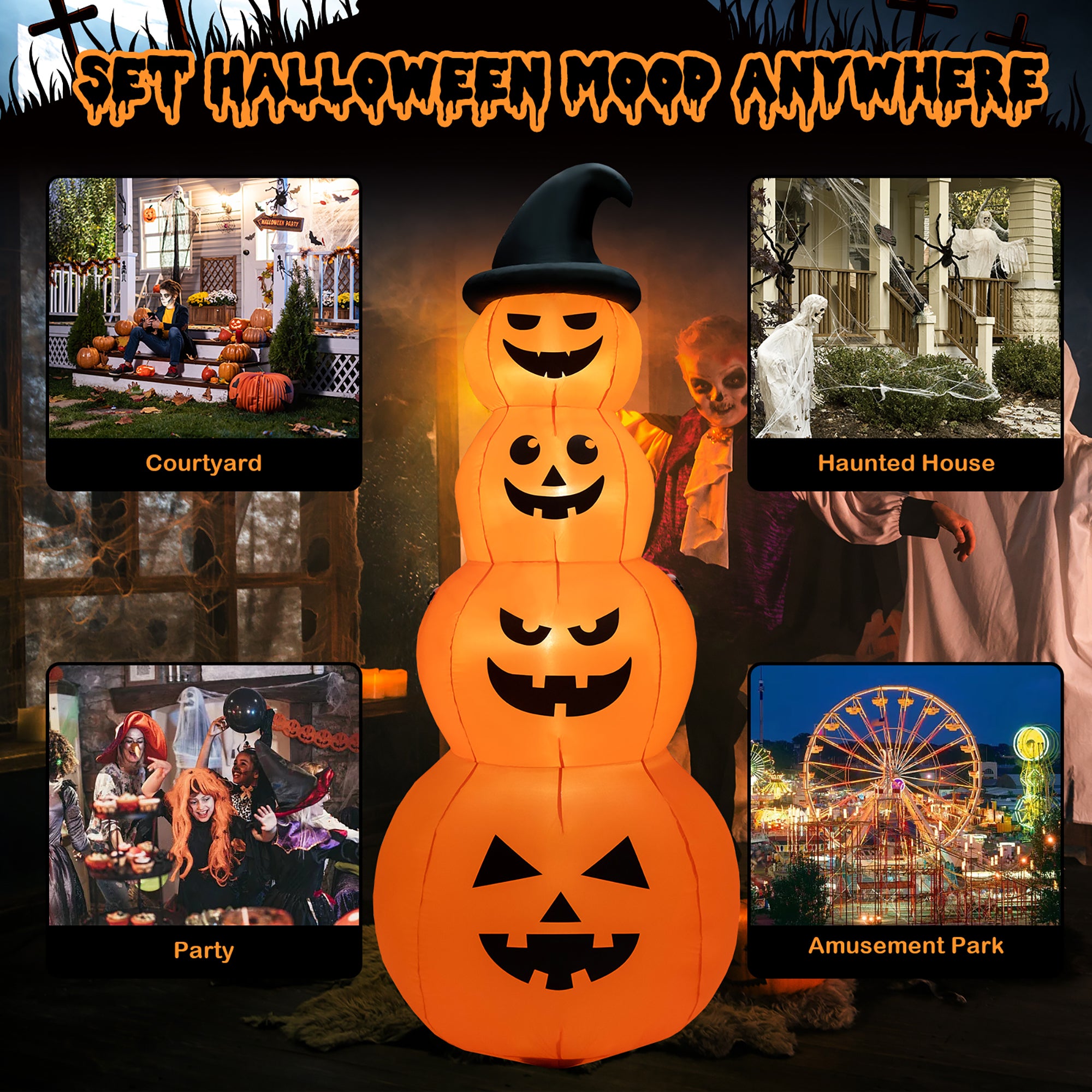 Costway 8FT Halloween Inflatable Stacked Pumpkins Blow-up Holiday Decoration w/ LED Lights