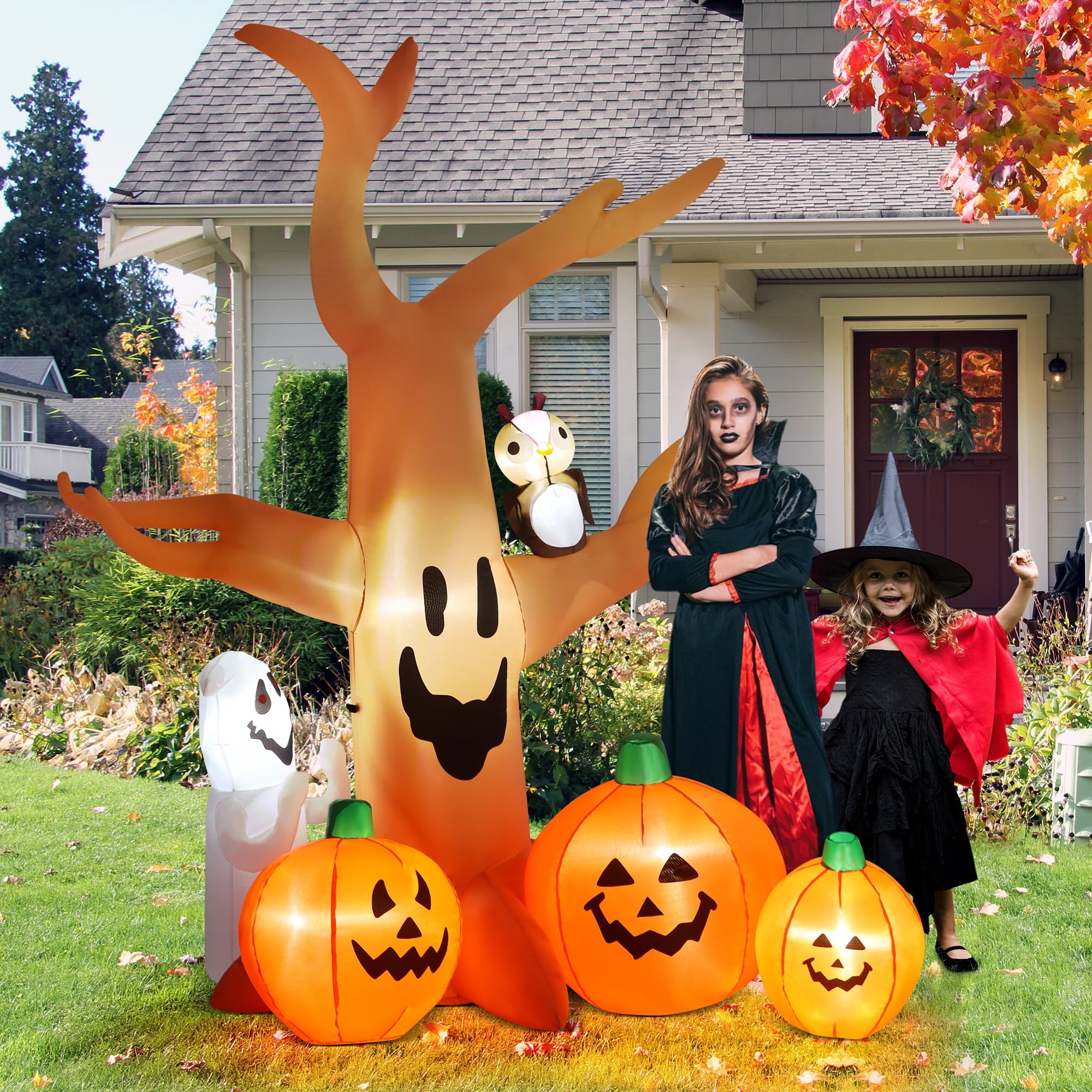 8FT Halloween Inflatables Dead Tree,Outdoor Halloween Decorations with Built-in LED Lights,Halloween Blow Up Yard Decorations with Pumpkin,Ghost,and Owl