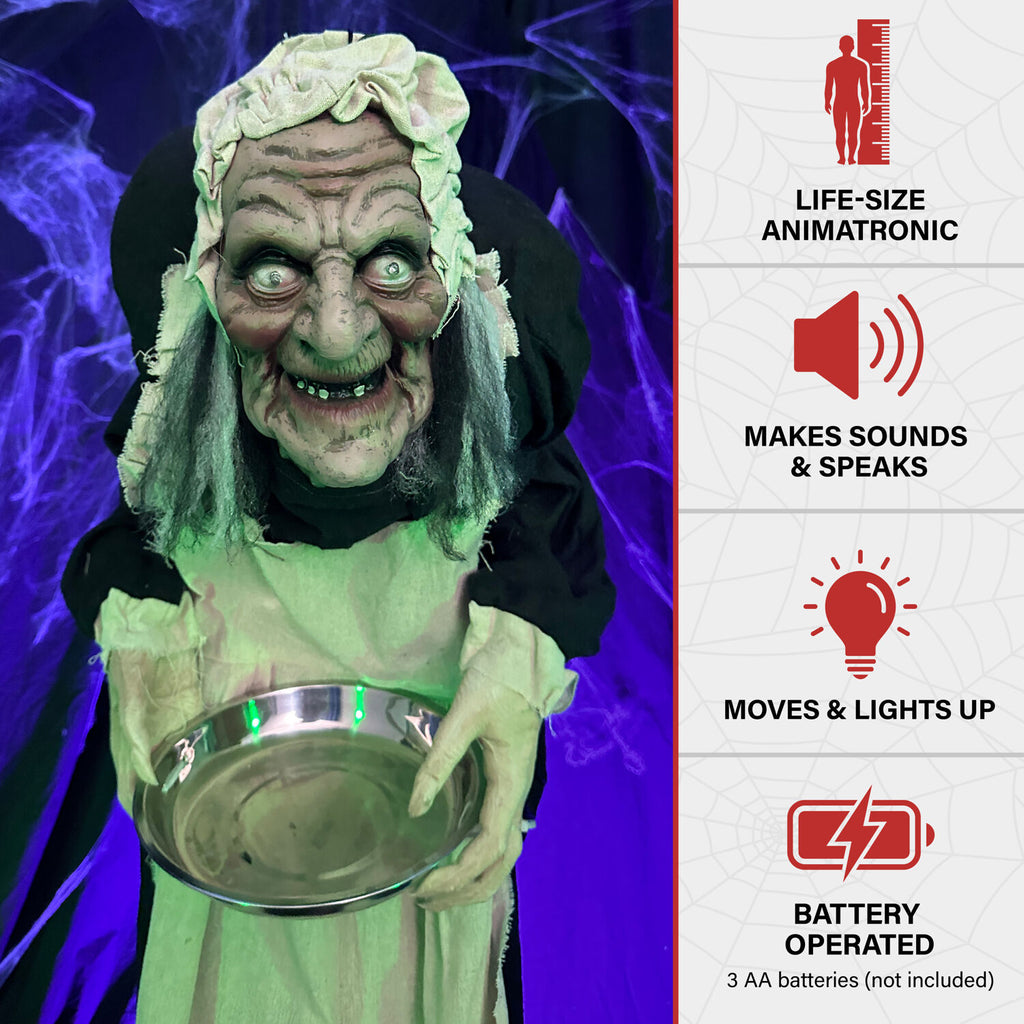 5 ft Life-Size Animatronic Indoor/Covered Outdoor Zombie Maid Halloween Decoration, HHLADY-4FLSA