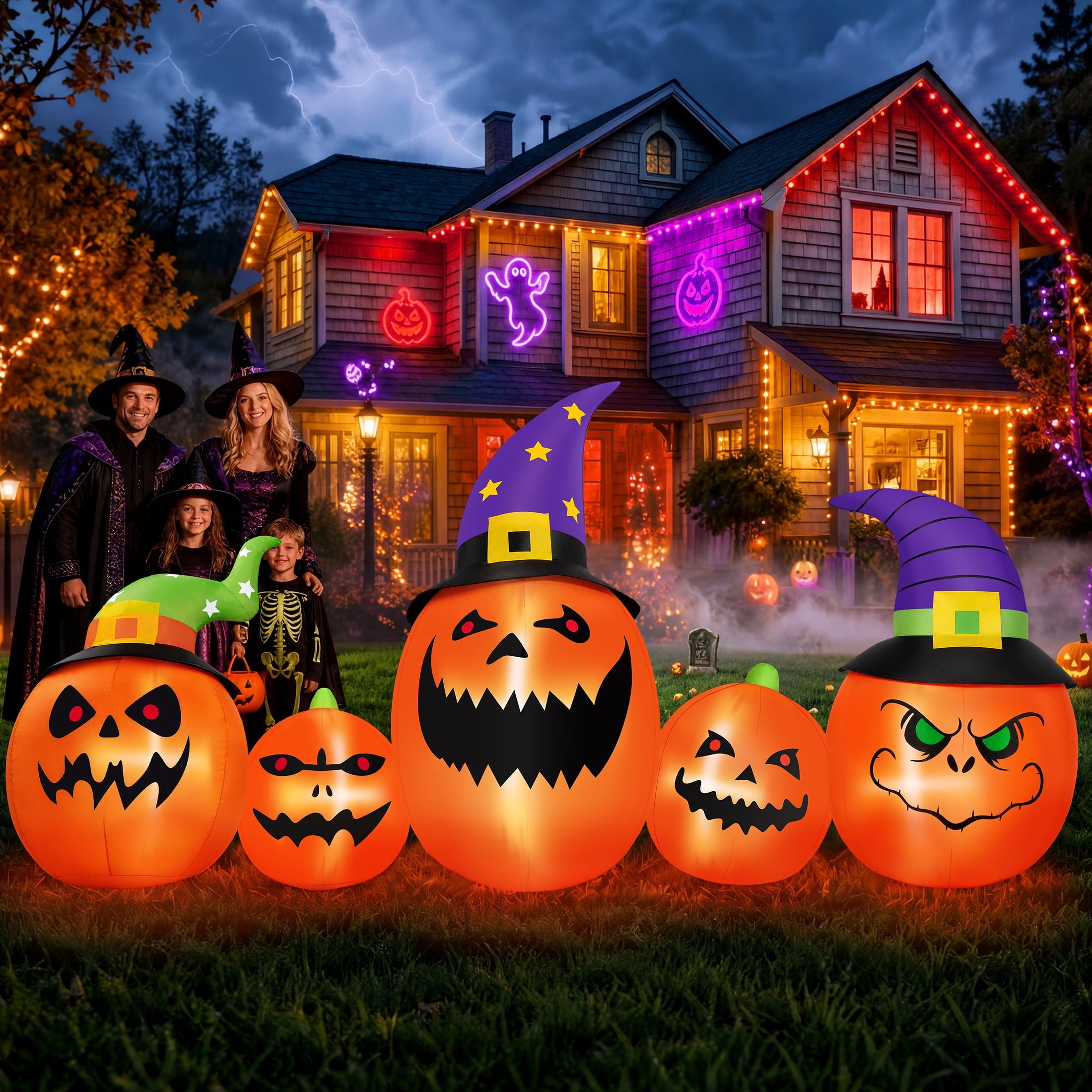 (2 pack) 8FT Halloween Inflatable Pumpkins Blow ups Outdoor Decorations, Five Pumpkins with LED Lights for Party Yard