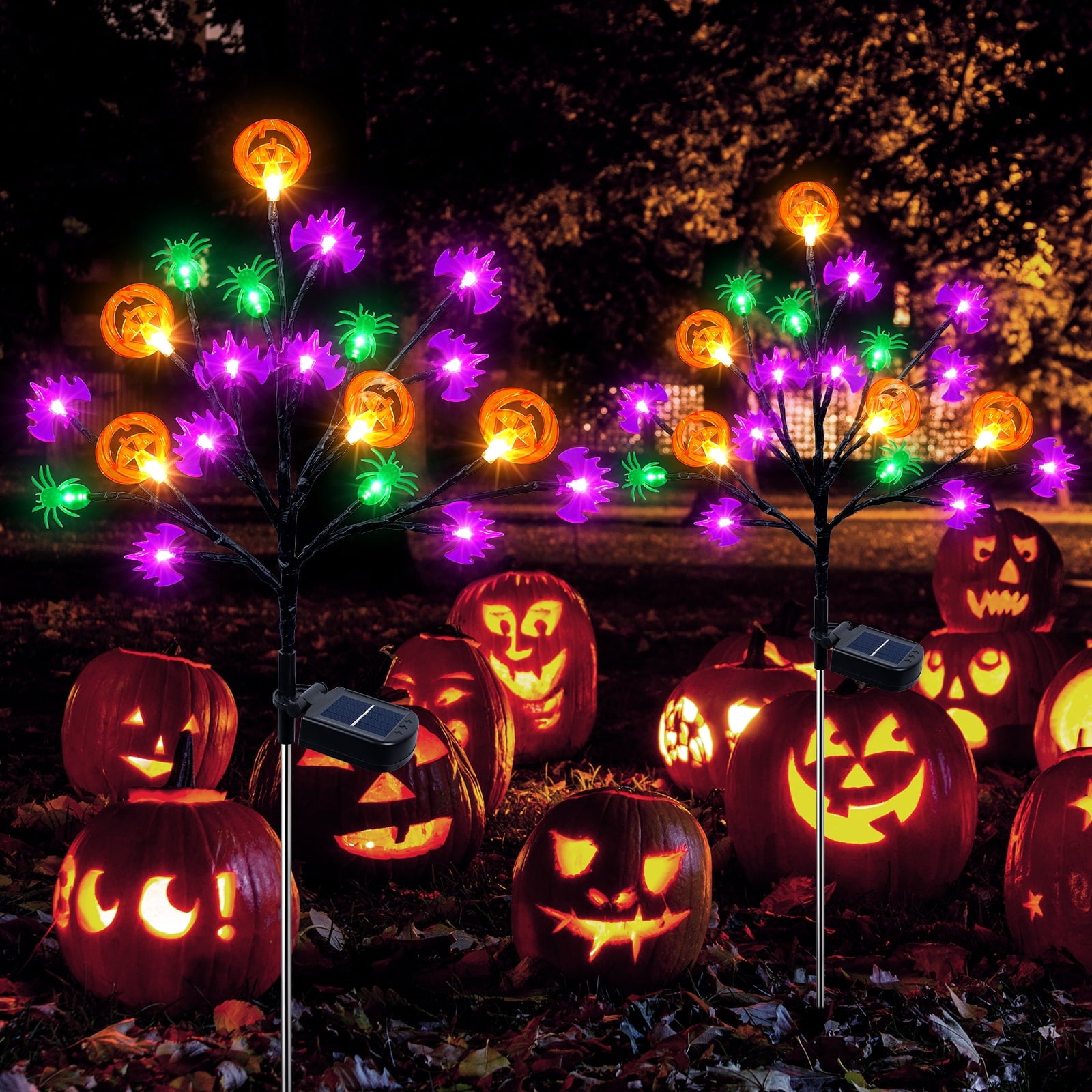 2 packs 40 LED Solar Halloween Lights, 2 Modes Halloween Bats Spiders Pumpkin Lights for Outdoor Decorations, Waterproof Stakes for Garden Yard Pathway Walkway