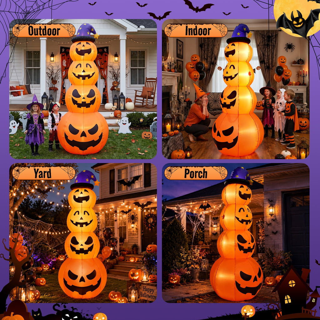 8 ft Halloween Pumpkin Stack Inflatable Decoration with Witch Hat, Lighted Blow up Yard Decor for Outdoor Lawn Garden